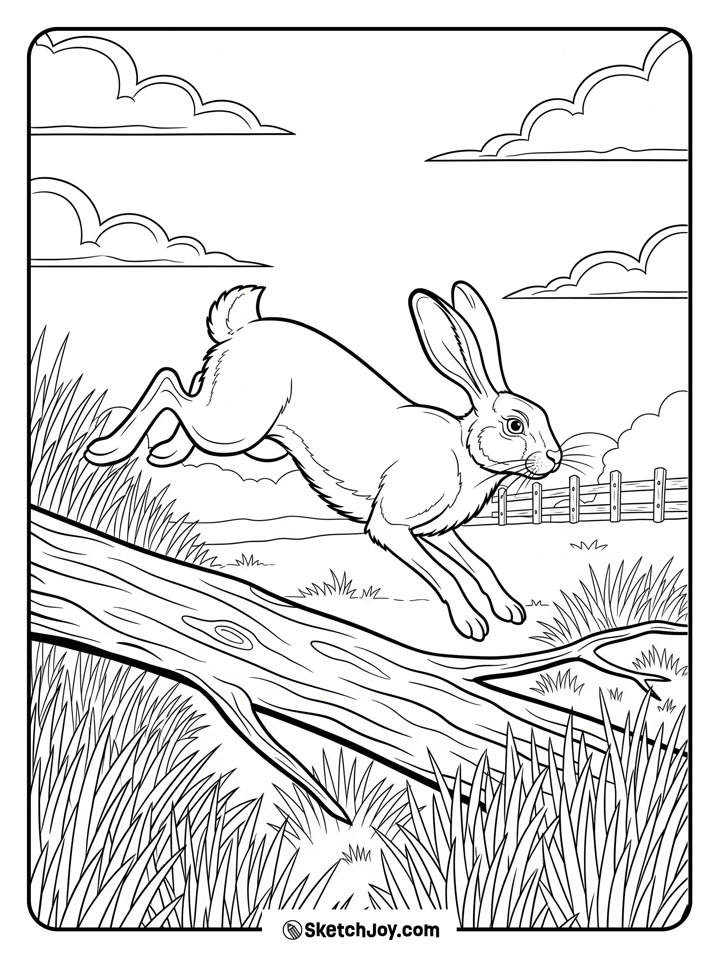 A realistic hare jumps over a log in a field.