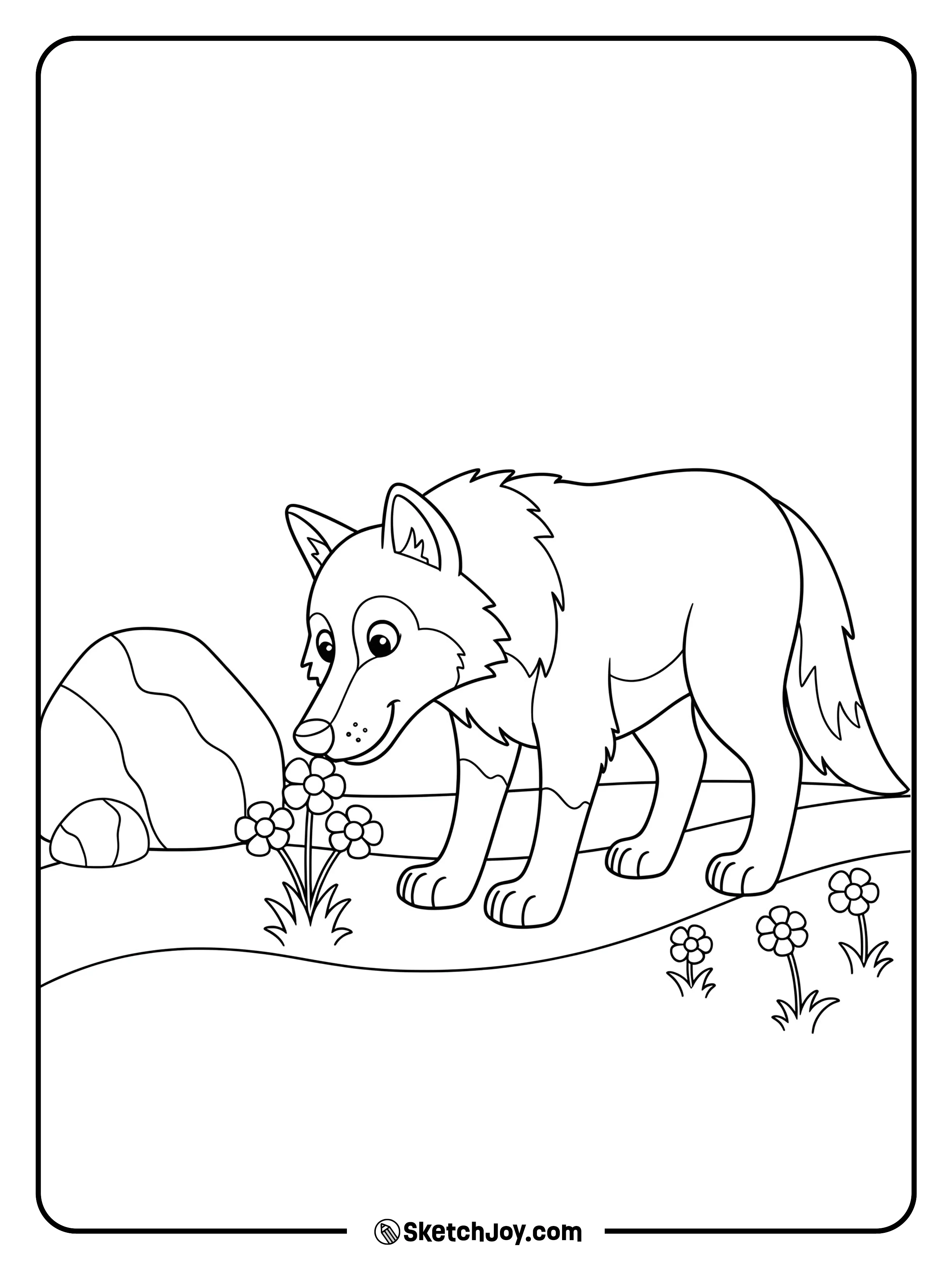 A curious wolf sniffs three wildflowers by a meadow rock.