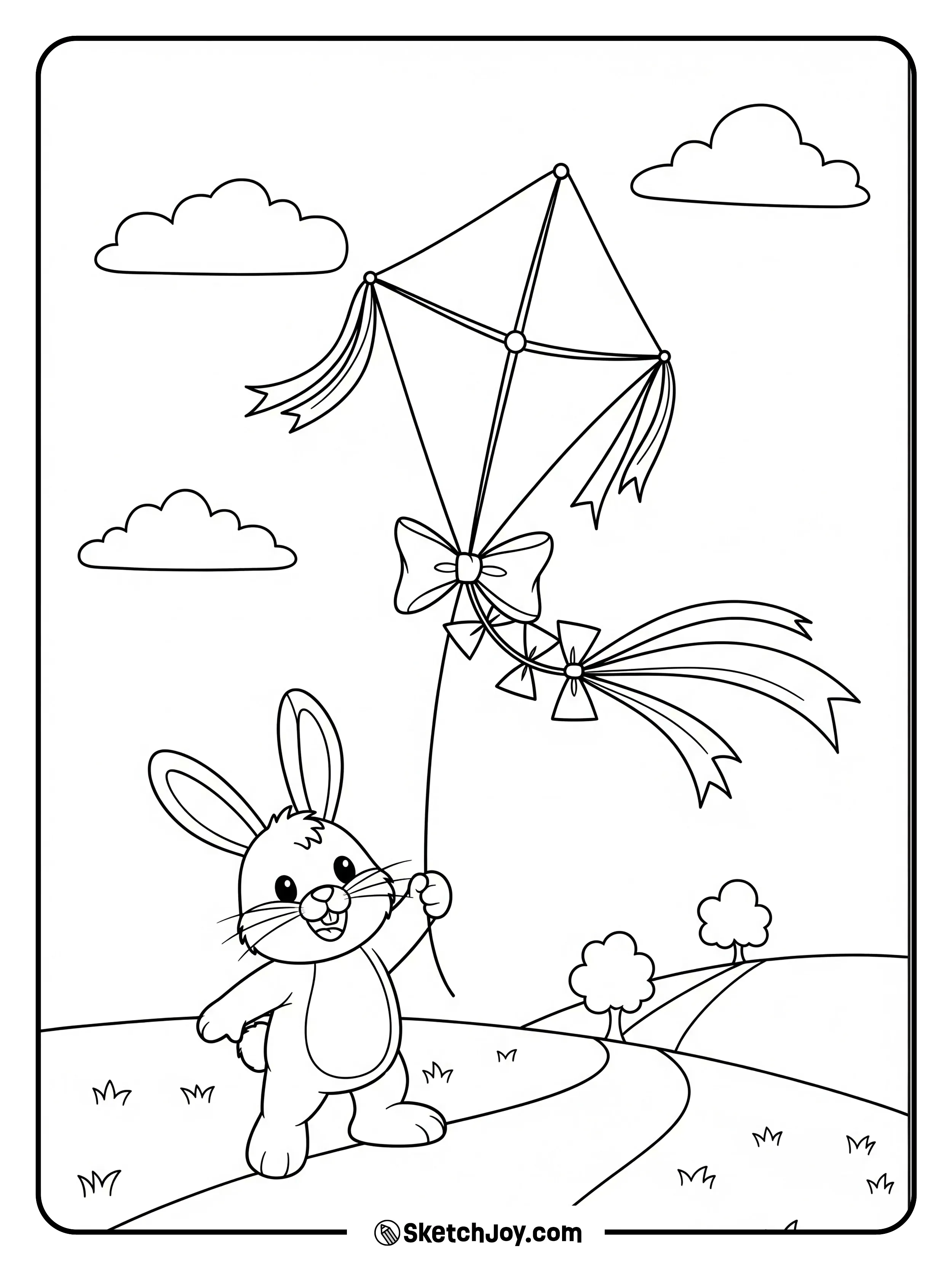 A bunny runs with a kite on a breezy day.