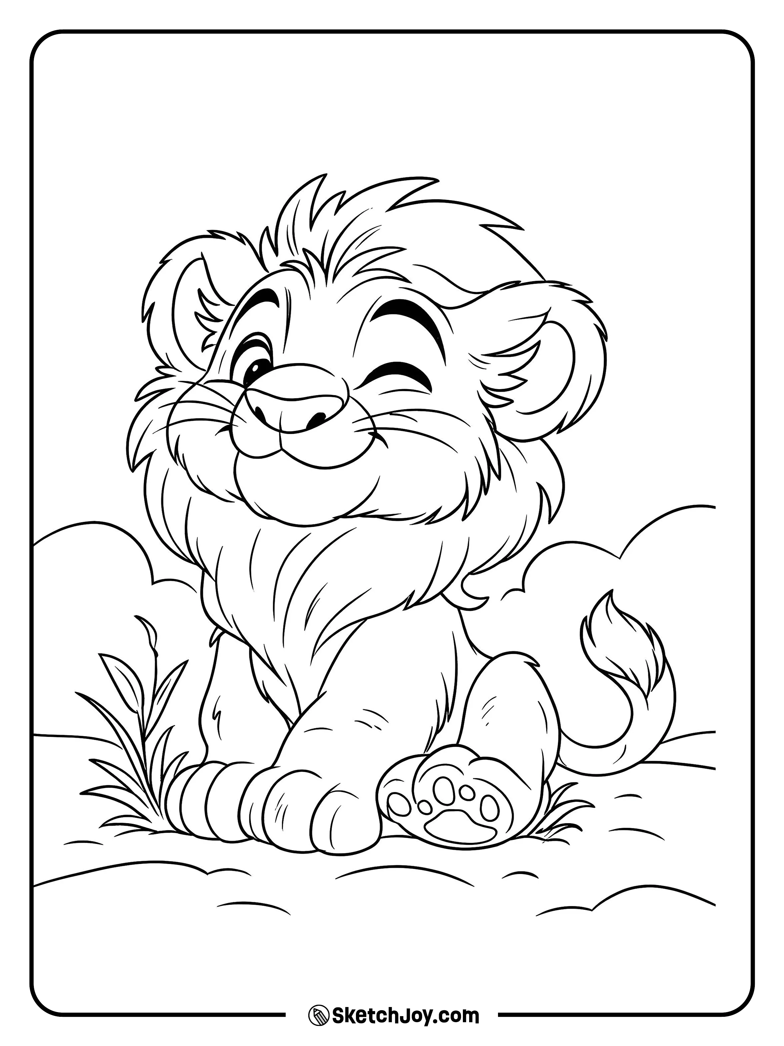 A chubby lion cub sits with a wink and shows a big paw while puffy clouds float above.