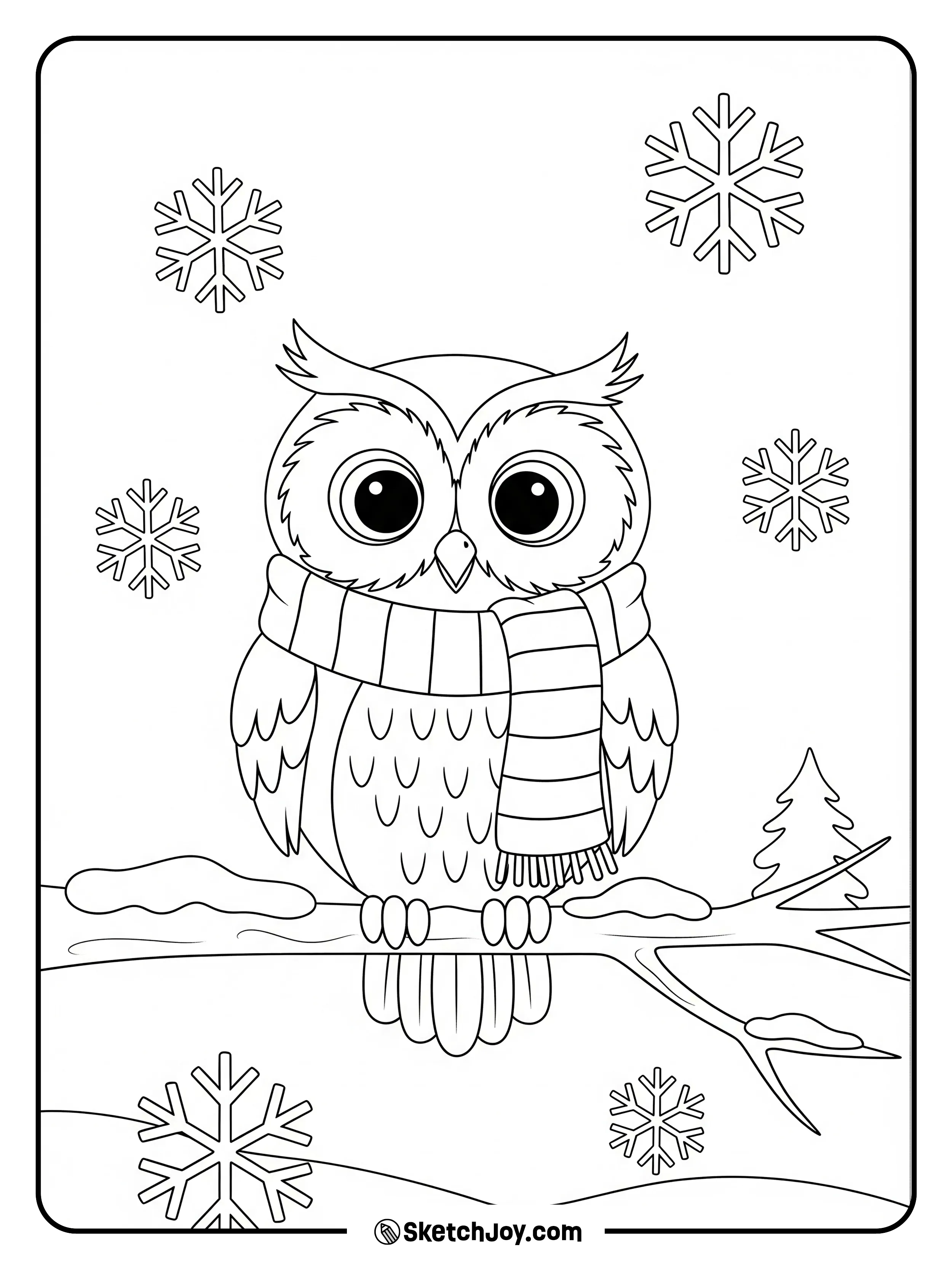 An owl wears a scarf on a snowy branch with light flakes.