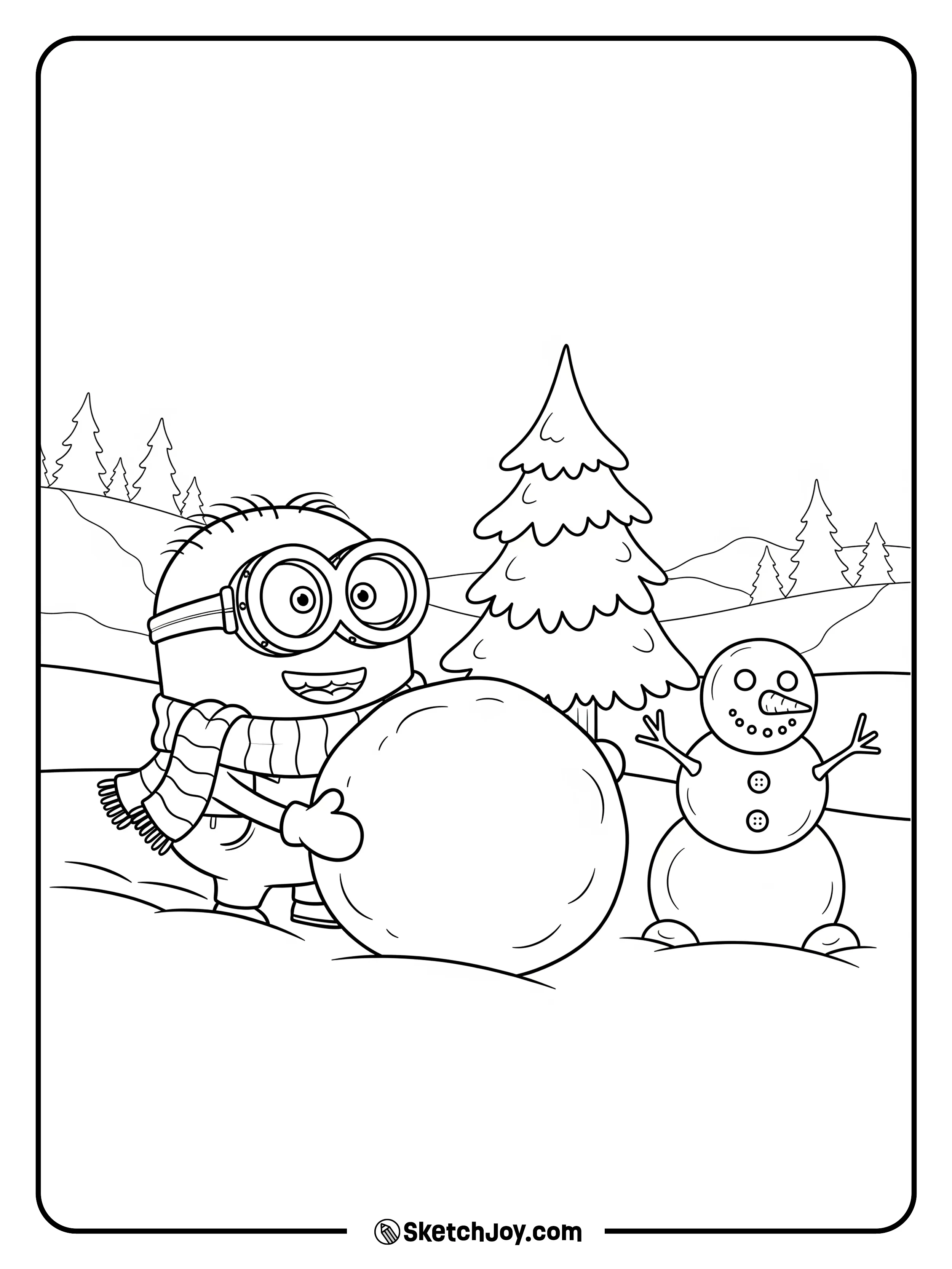 A Minion in a scarf rolls a snowball near a small pine and a snowman with two buttons.
