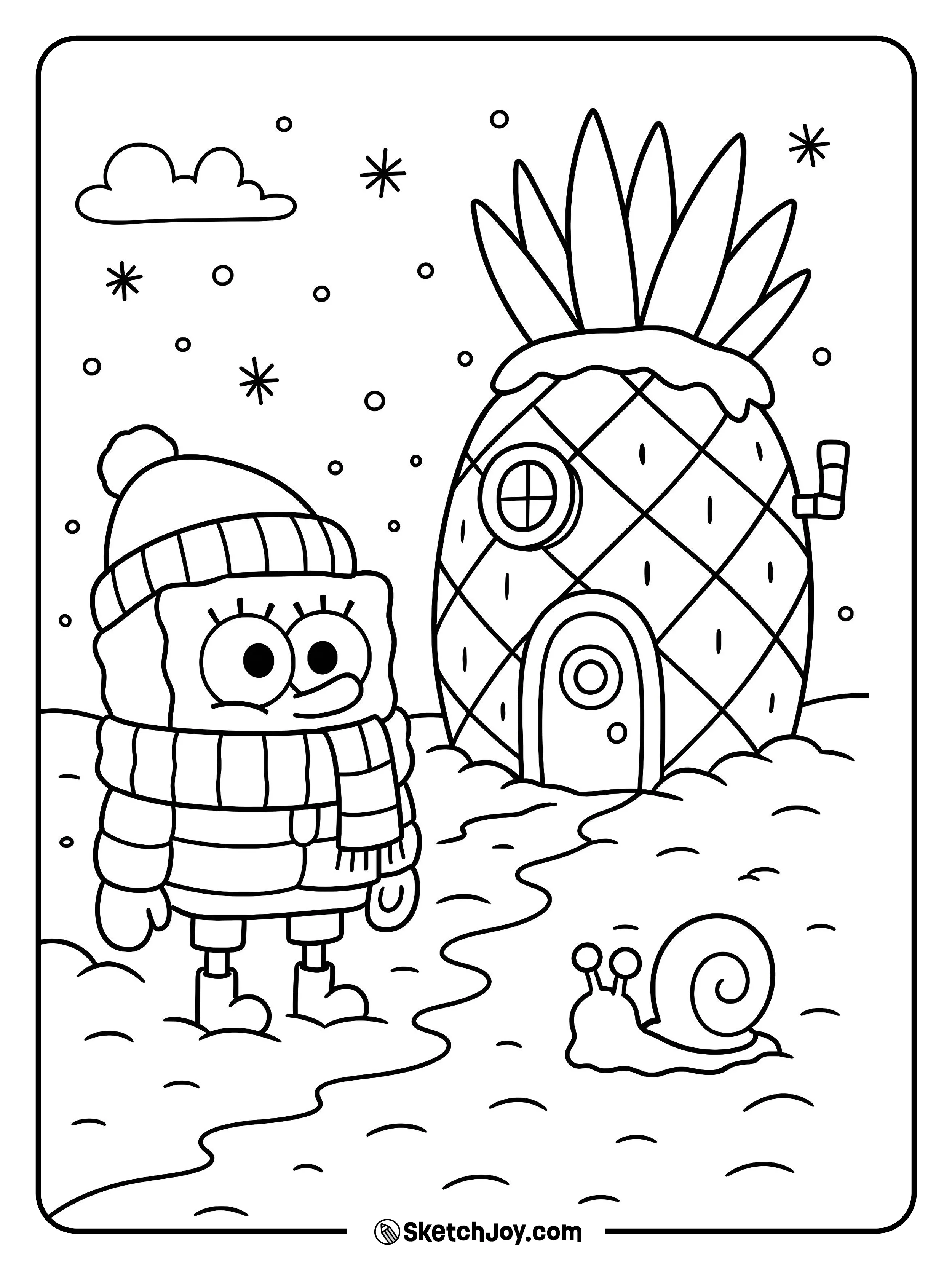 SpongeBob wears a scarf and mittens near his house with light snow on the roof.