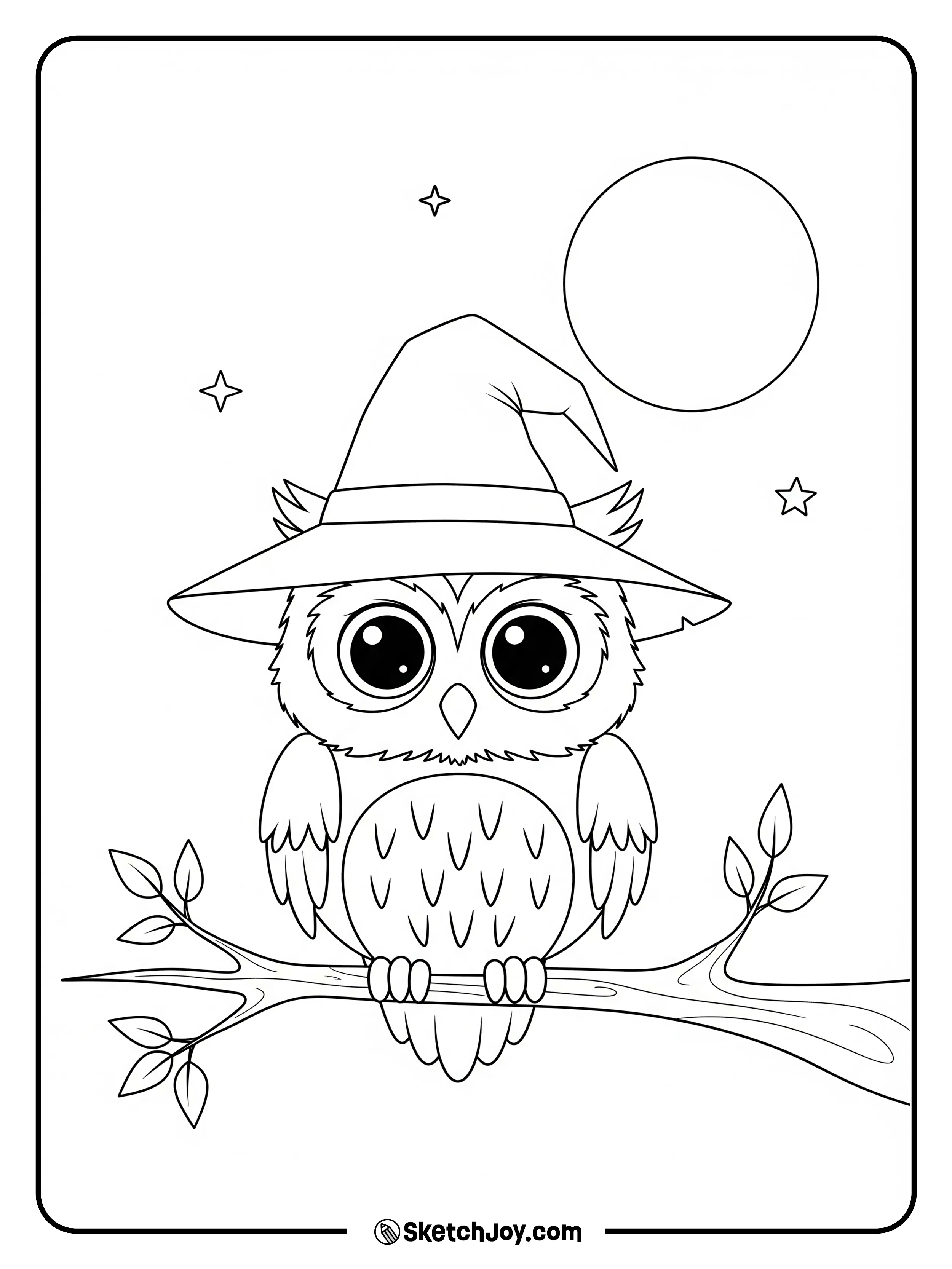 An owl wears a pointed hat and rests on a branch under the moon.