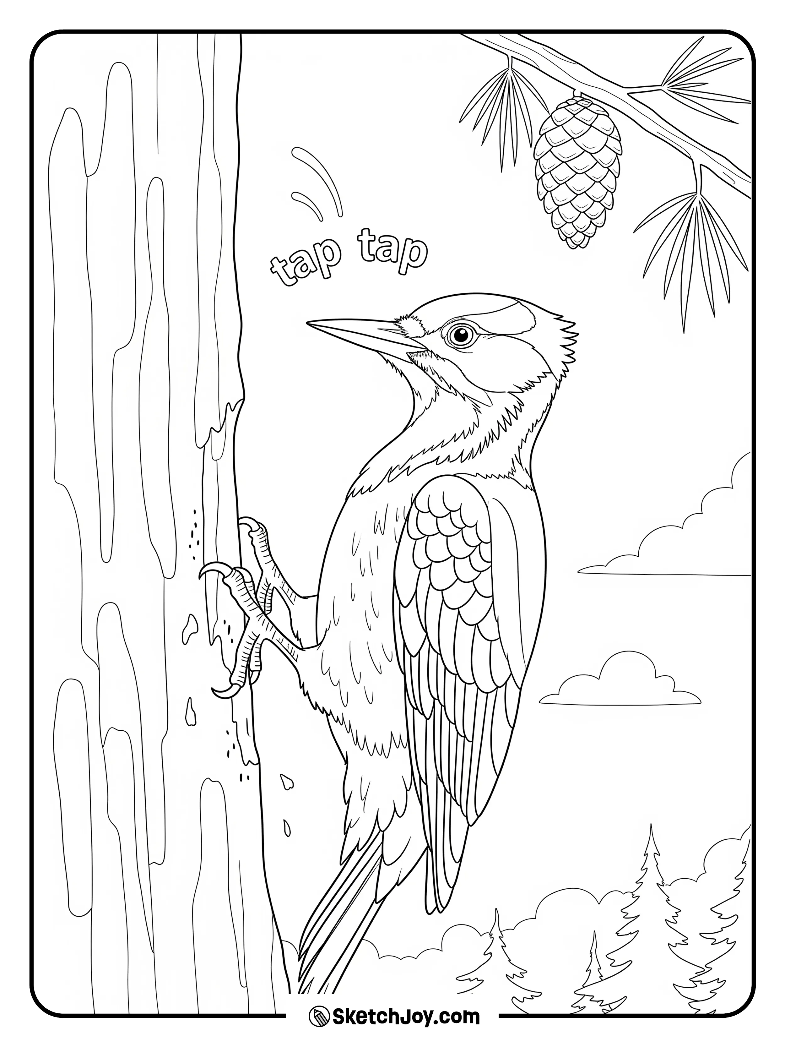 A busy bird taps a tall tree.