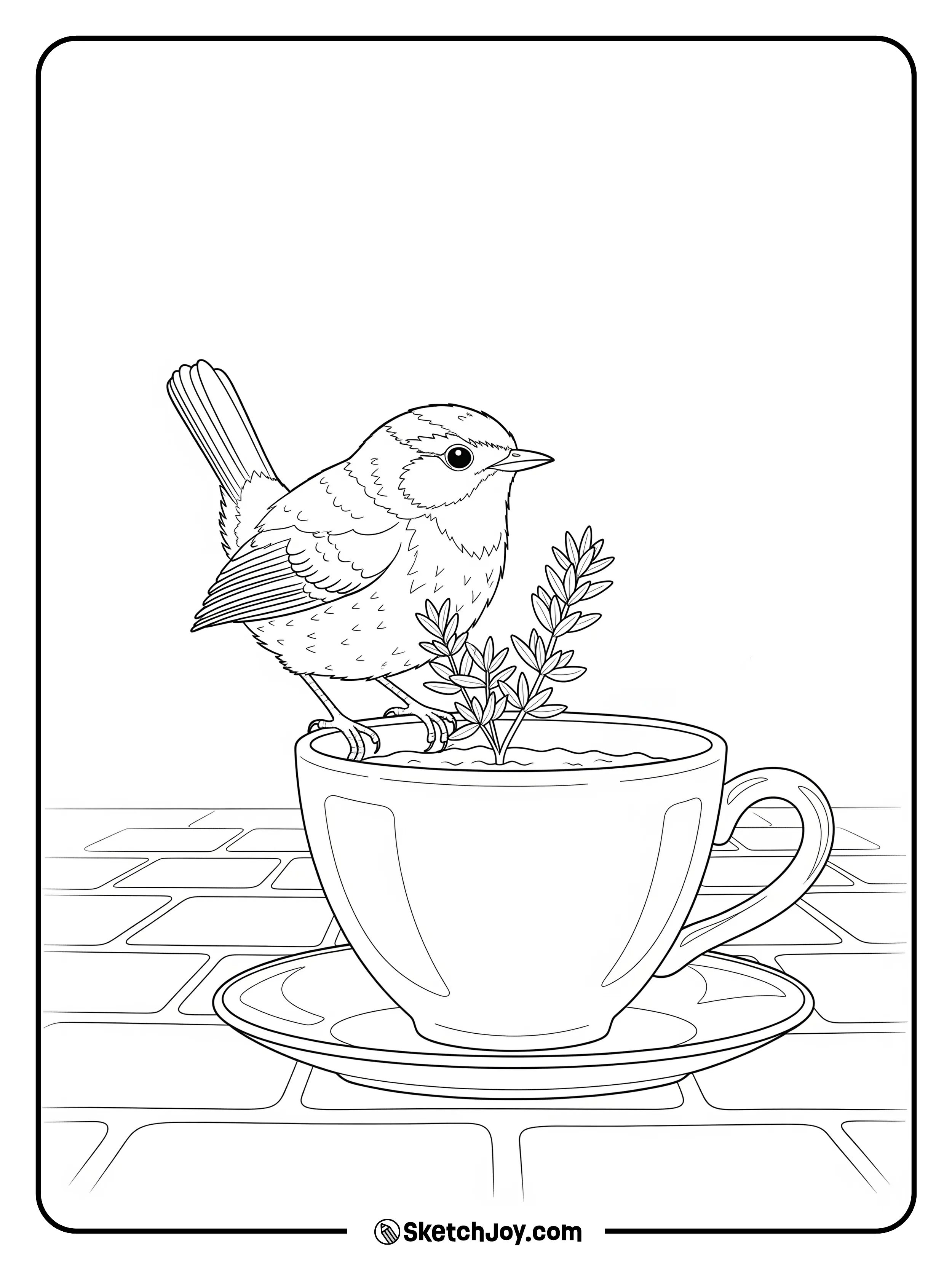 A tiny wren peeks from a cup planter.