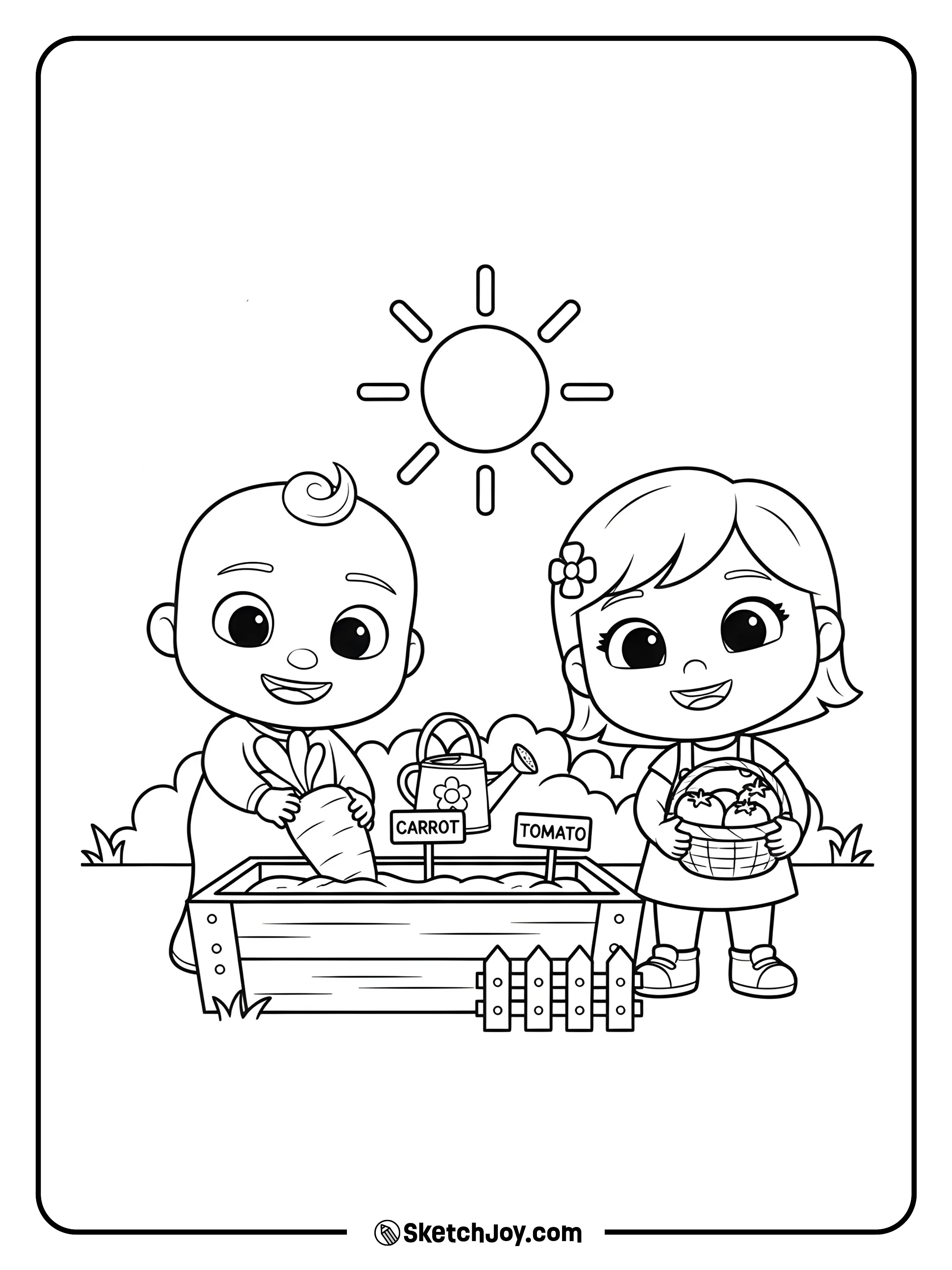 JJ and Nina pick carrots and tomatoes from a small garden