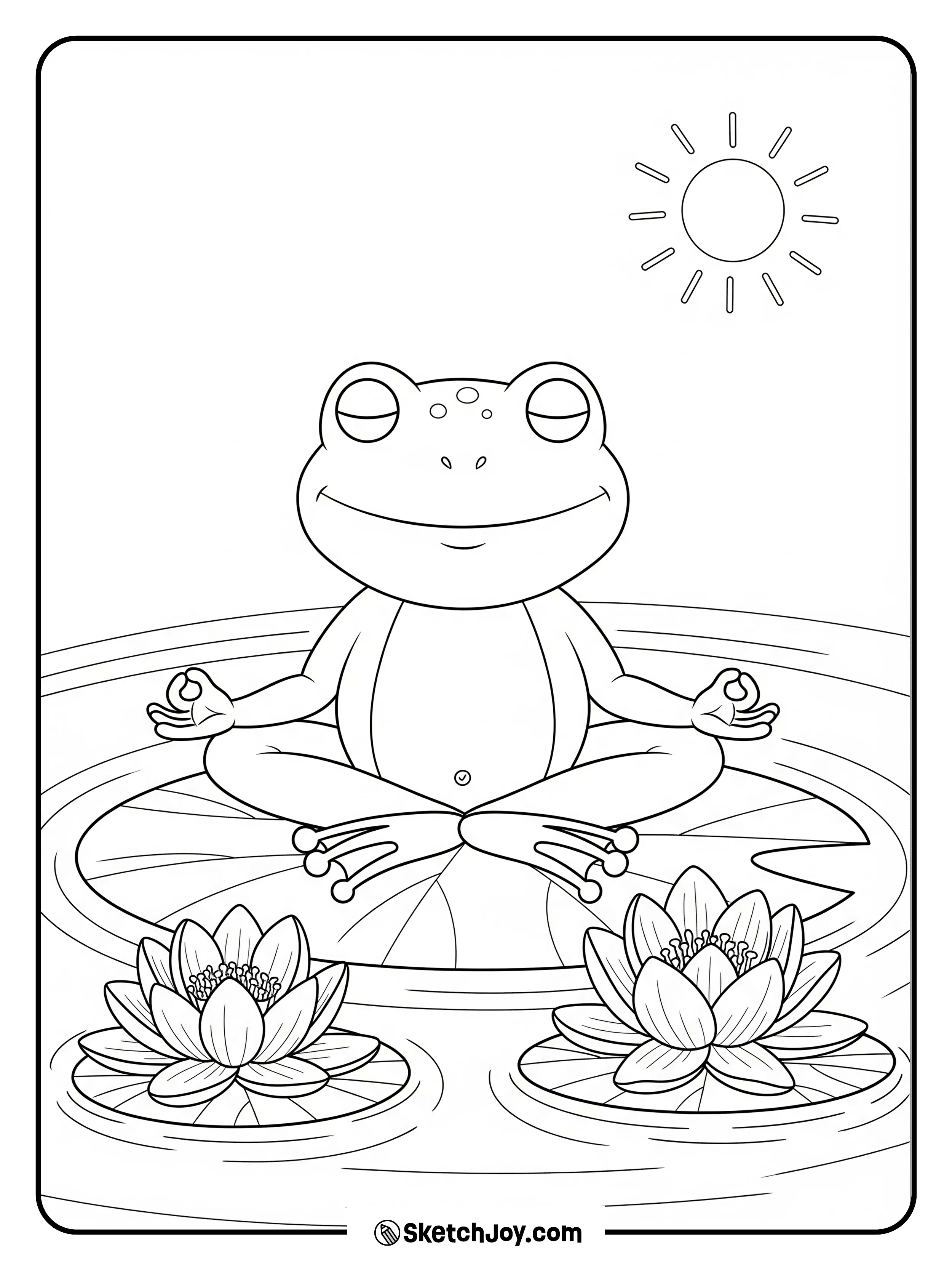 The frog sits cross-legged with calm eyes.