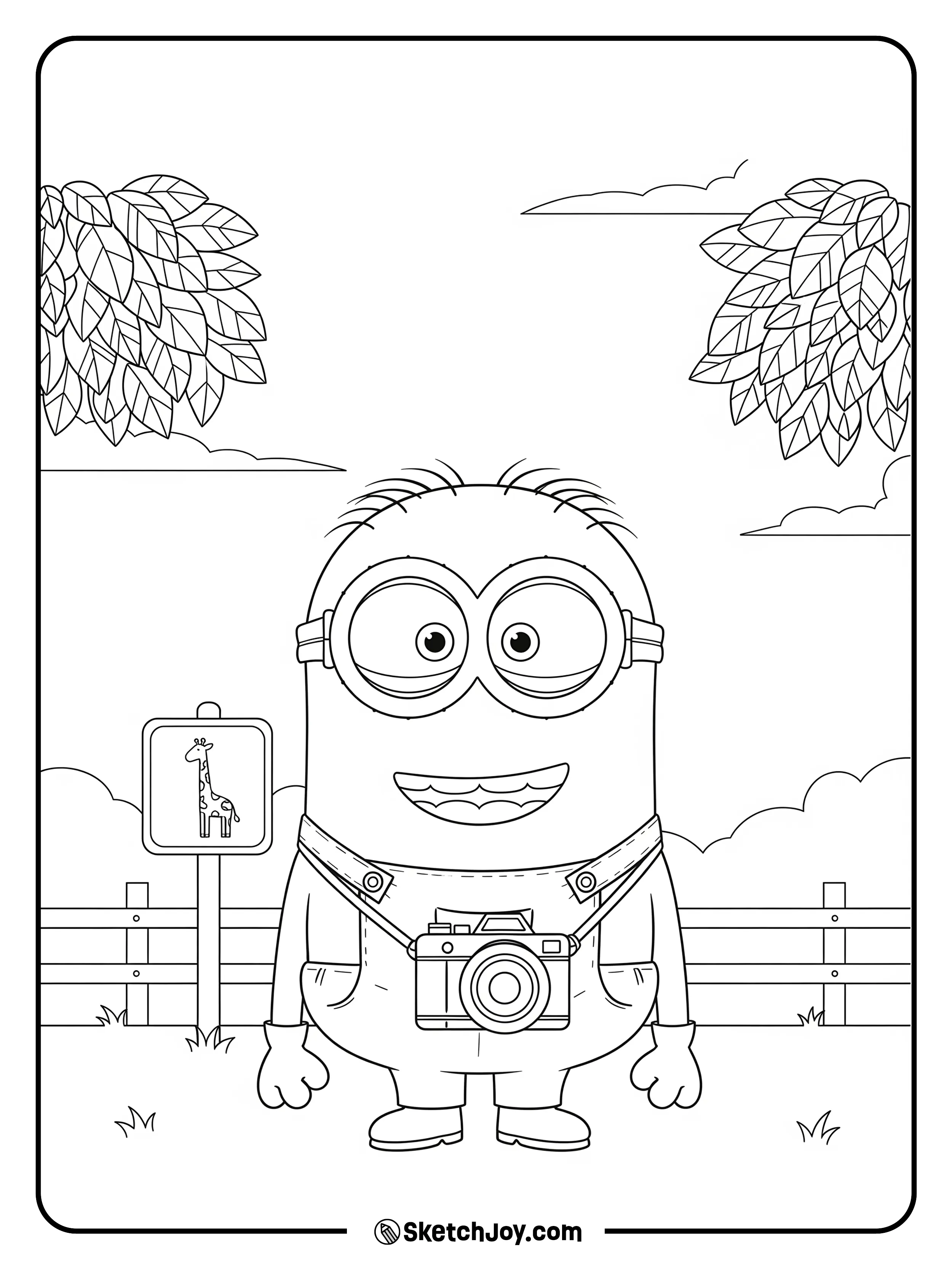 A Minion looks at one giraffe sign and a low fence.