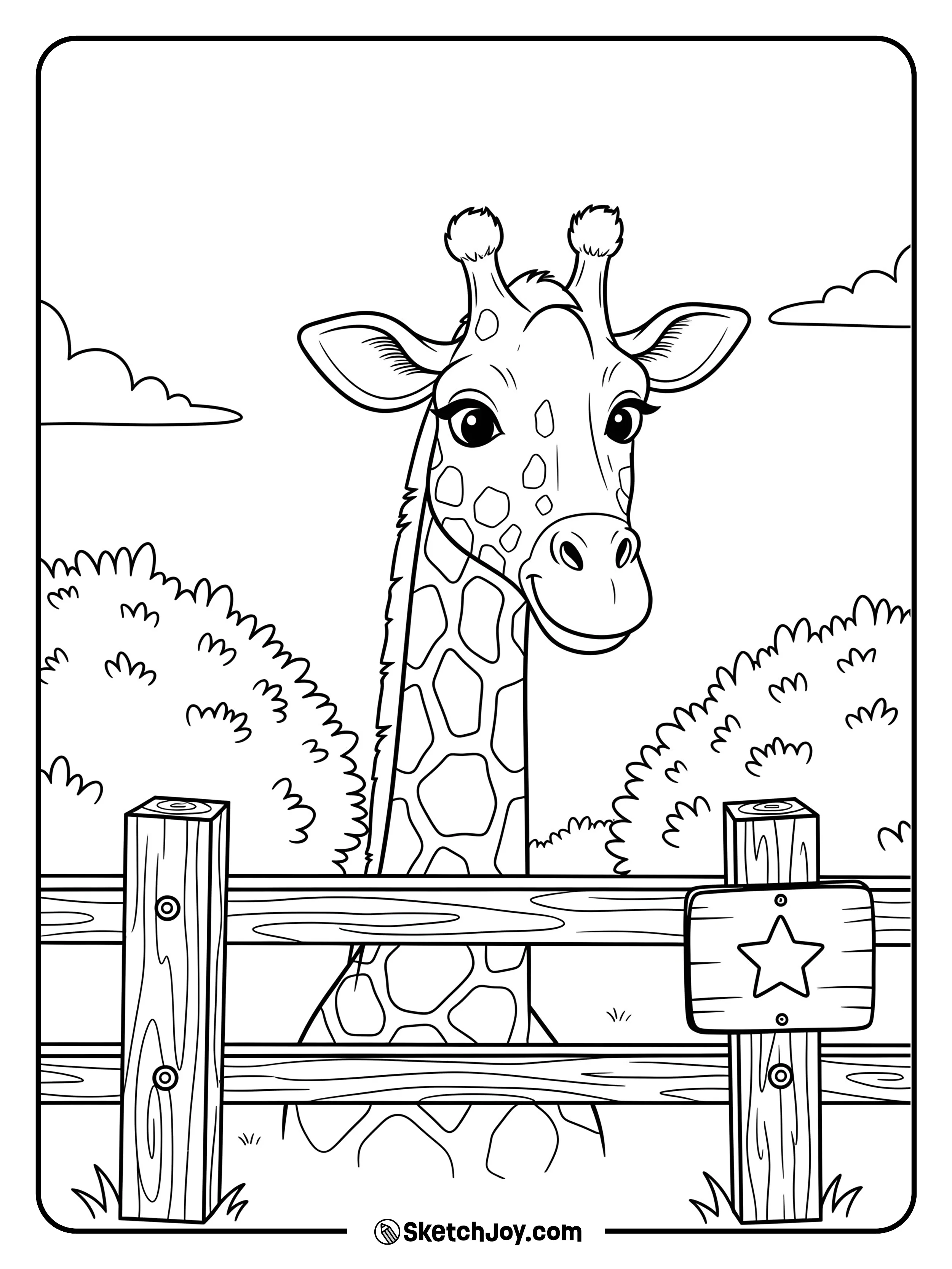 A curious giraffe looks over a short fence.