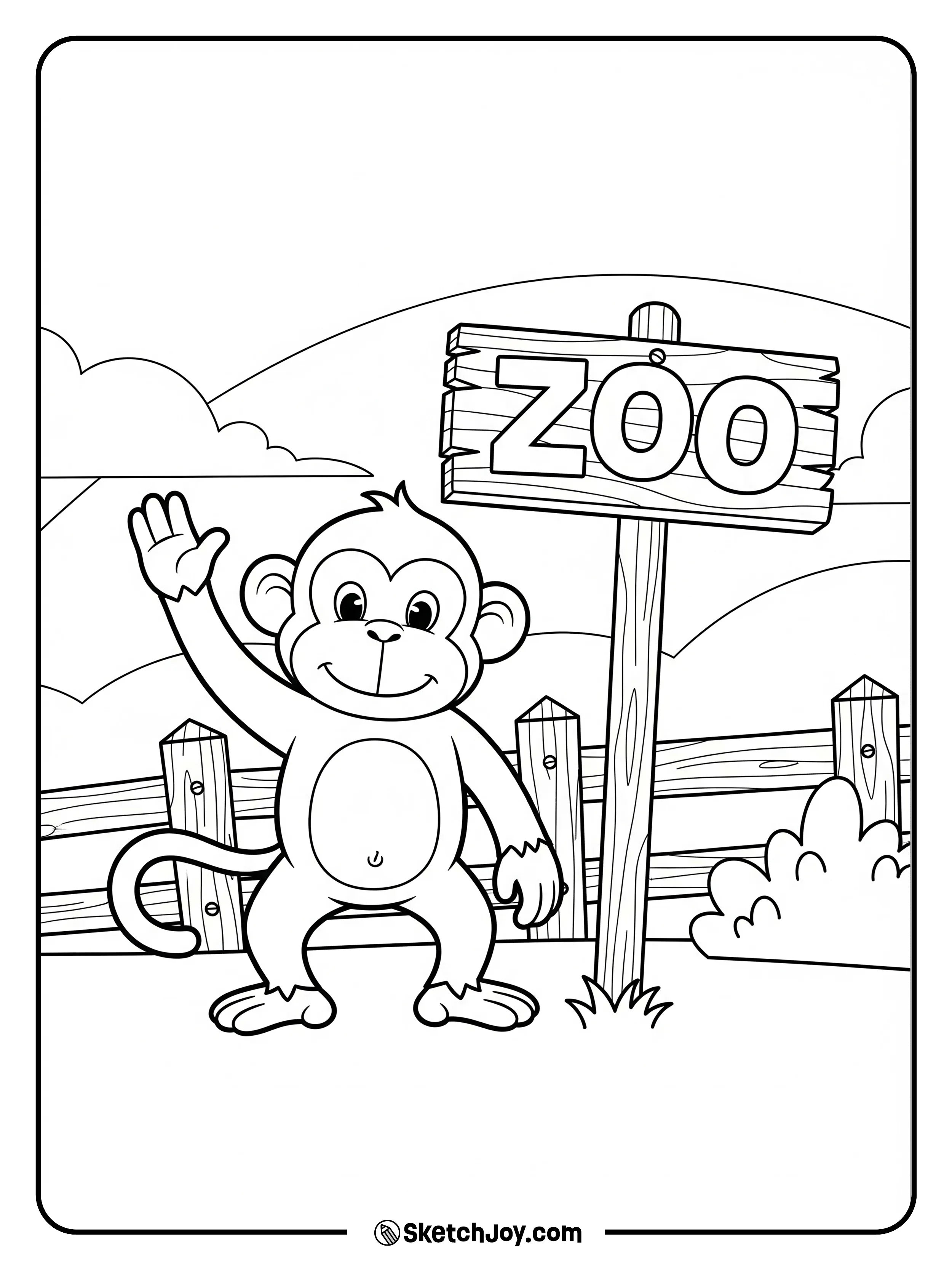 A smiling monkey waves near a ZOO.