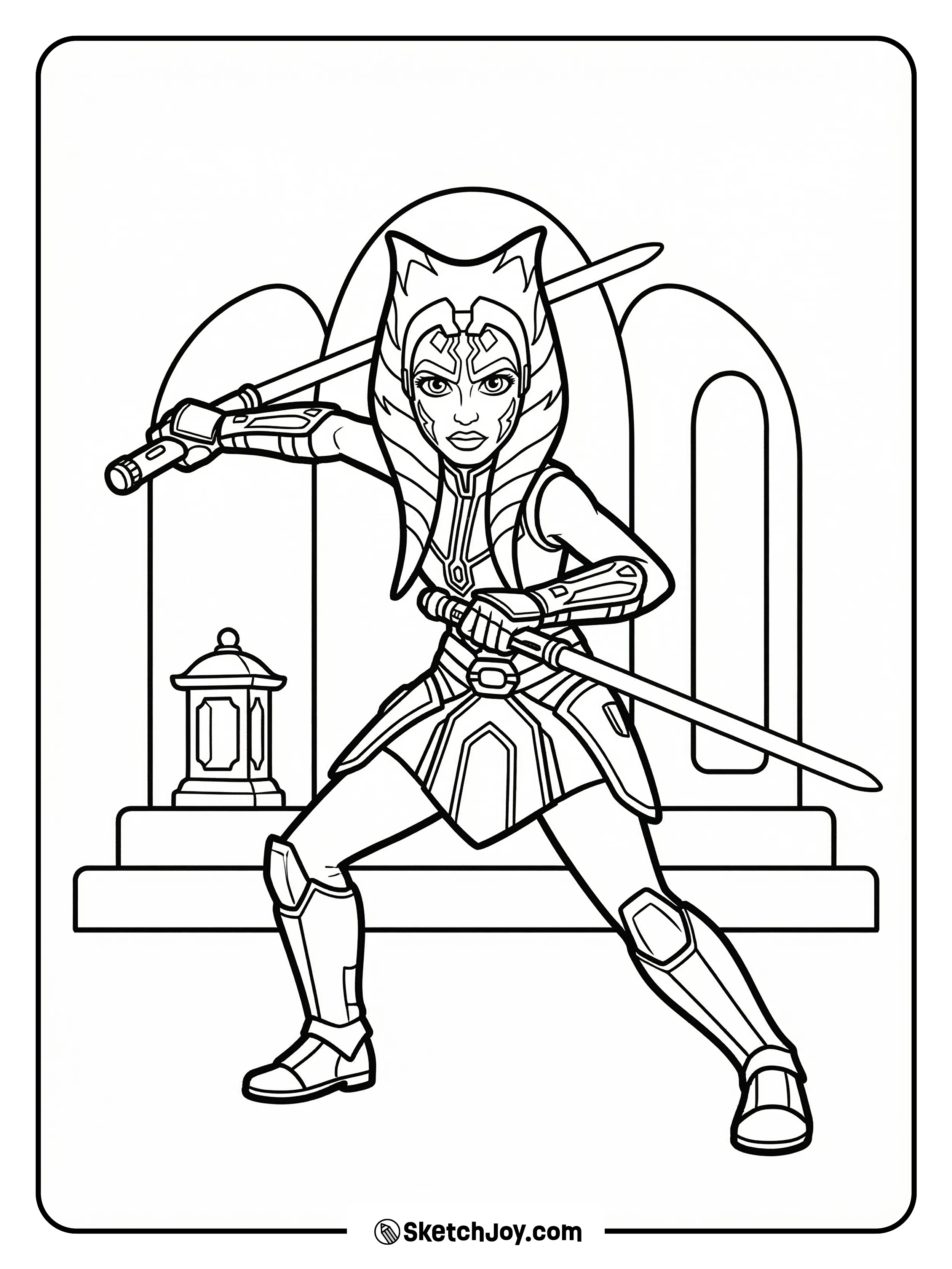 Ahsoka holds two sabers in a calm guard.