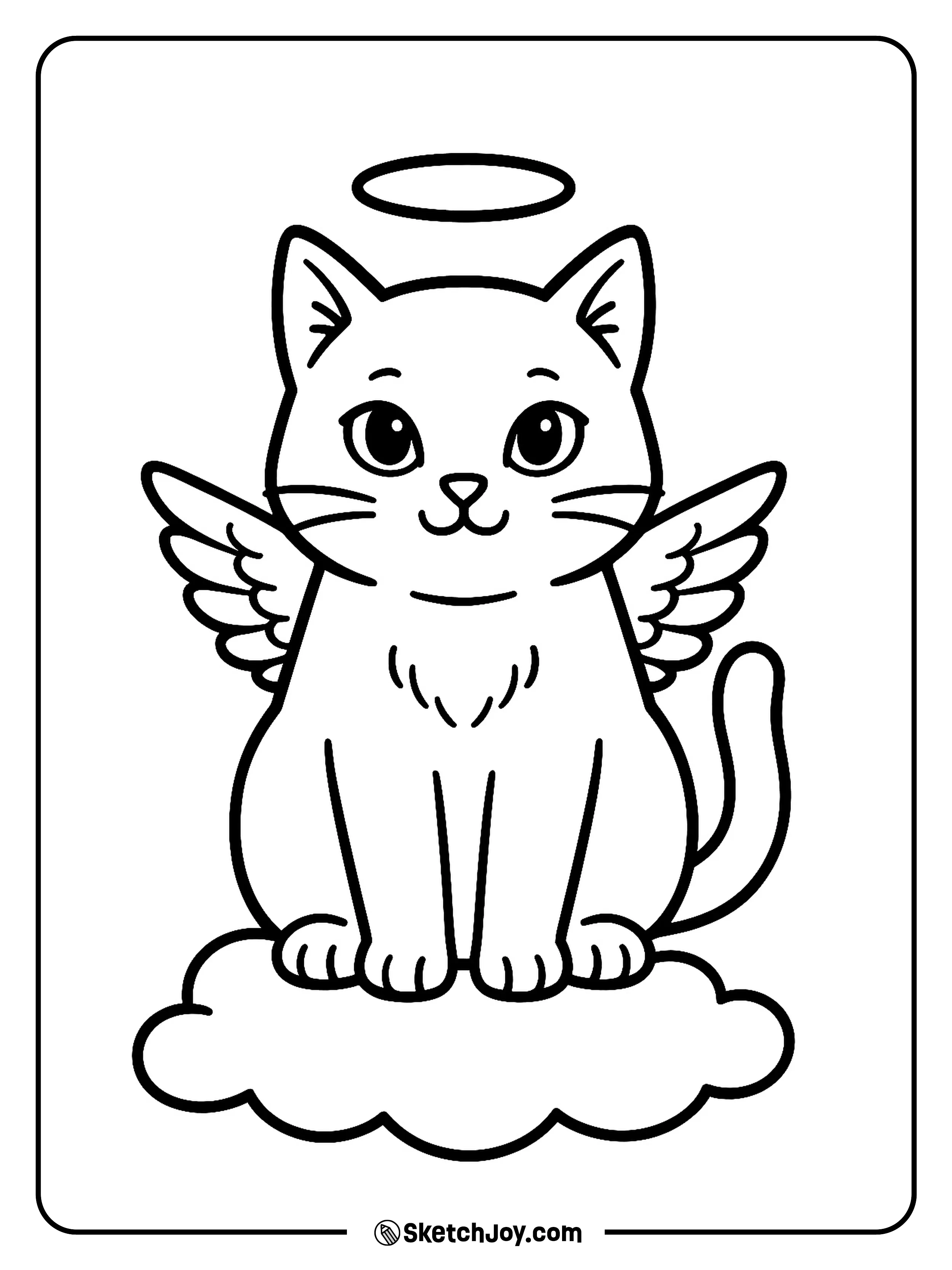 A gentle cat sits with small feathered wings and a calm face.