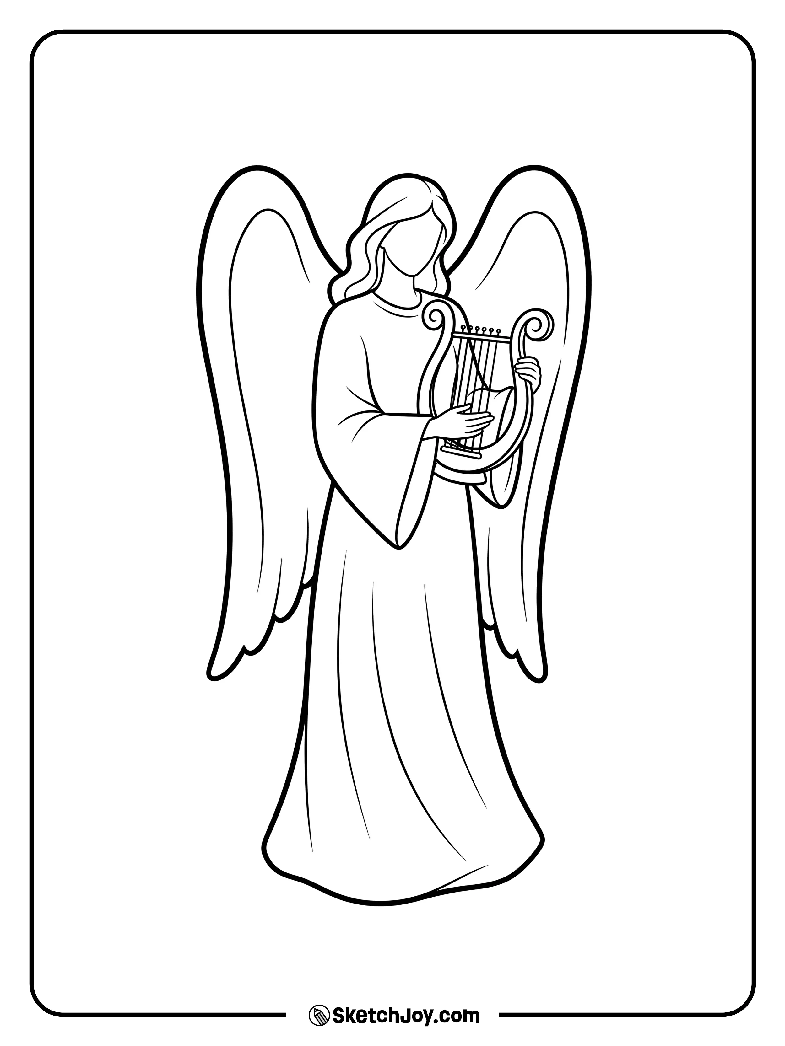 An angel strums a small harp, calm and sweet.
