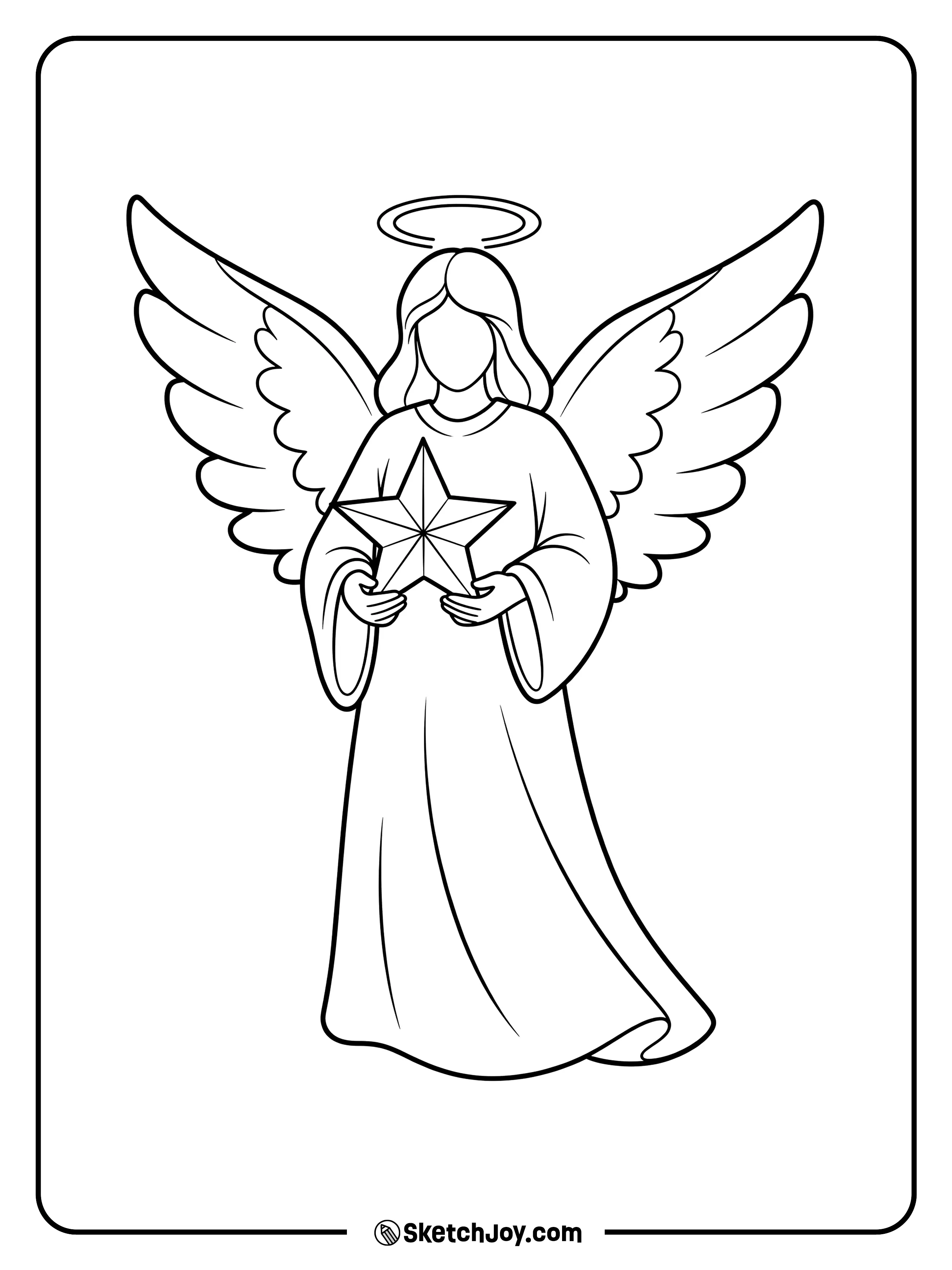 A peaceful angel holds a star close.