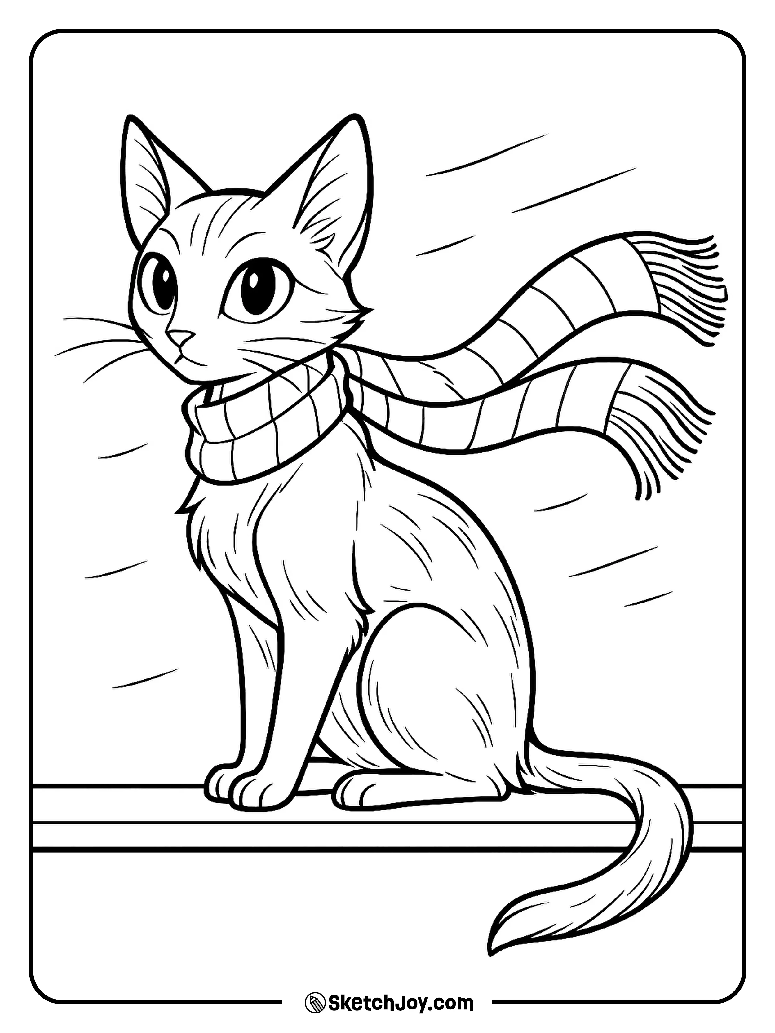 A stylish anime cat sits on a ledge with a long scarf in the wind.