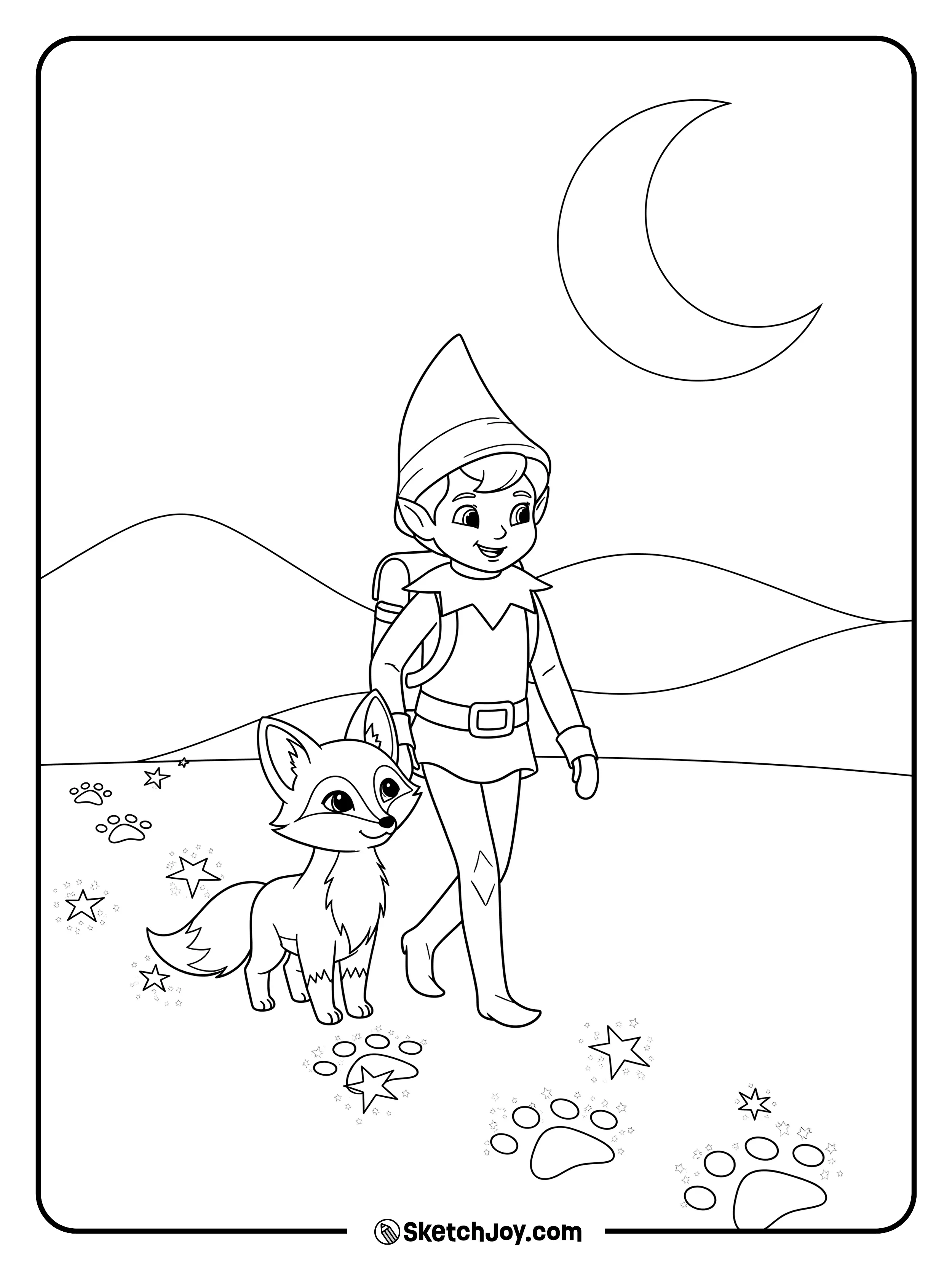 The elf and an arctic fox follow star prints.
