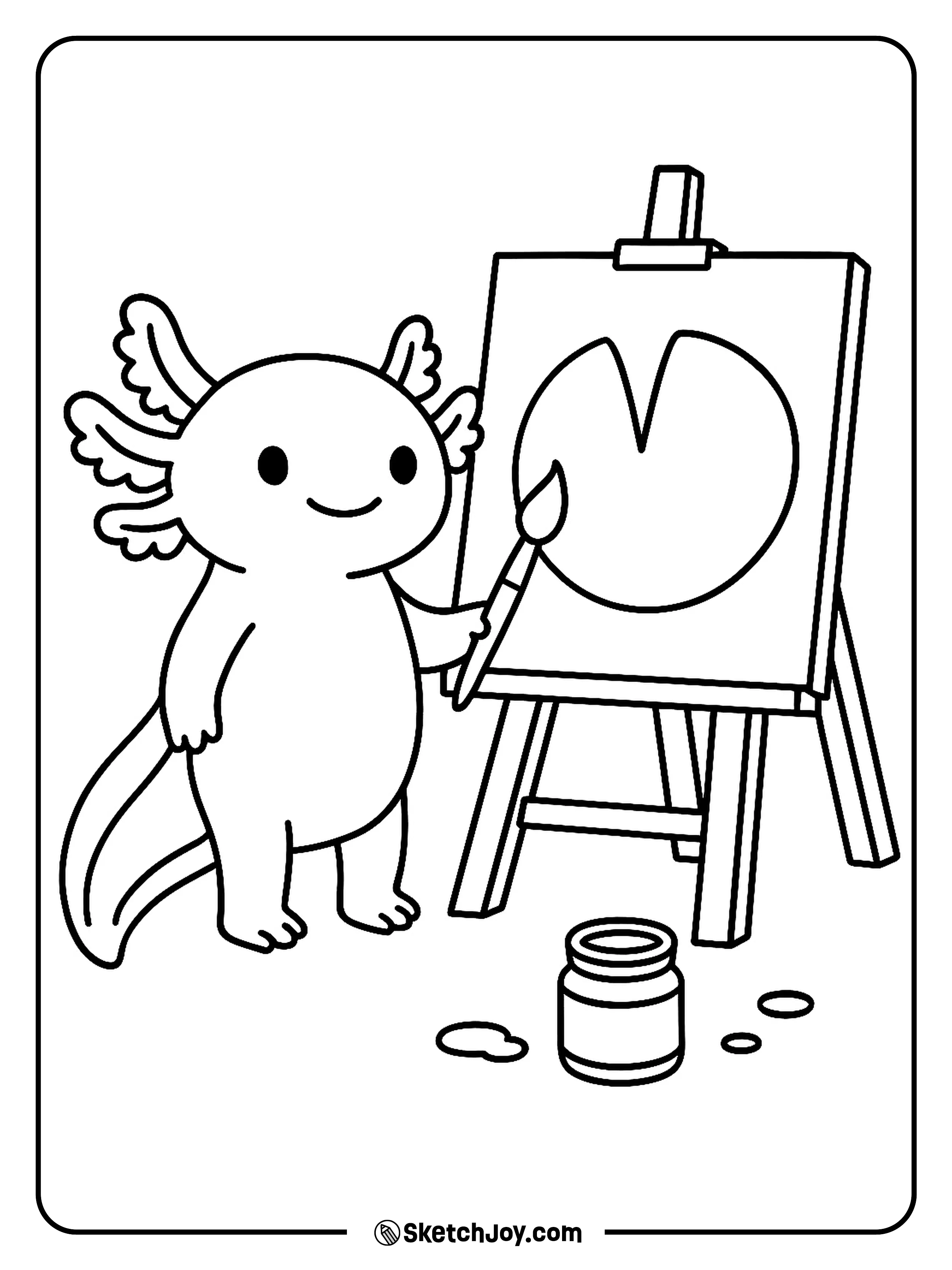 An axolotl paints a lily pad scene on a canvas.