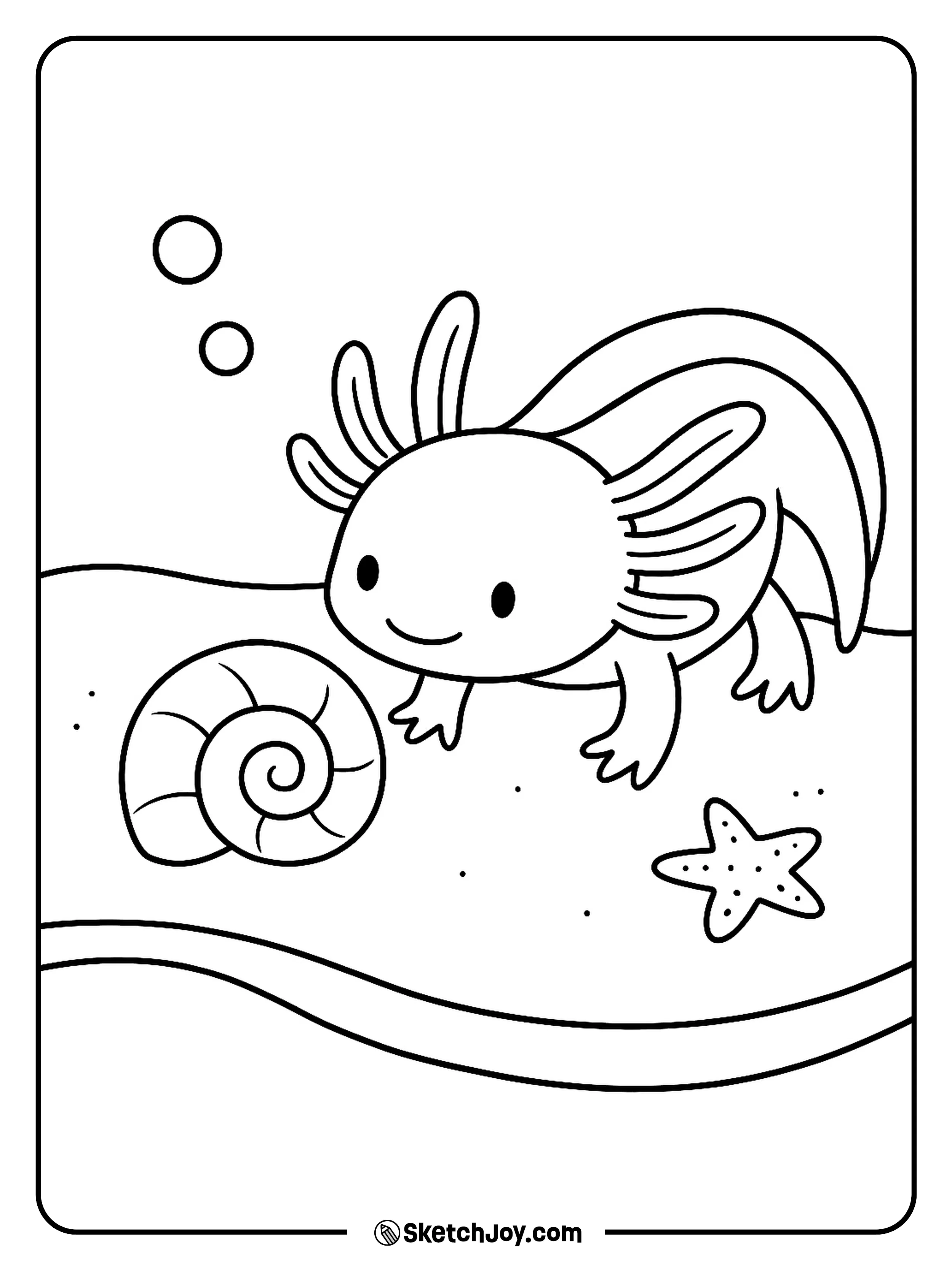 A curious axolotl peeks into a large empty shell.