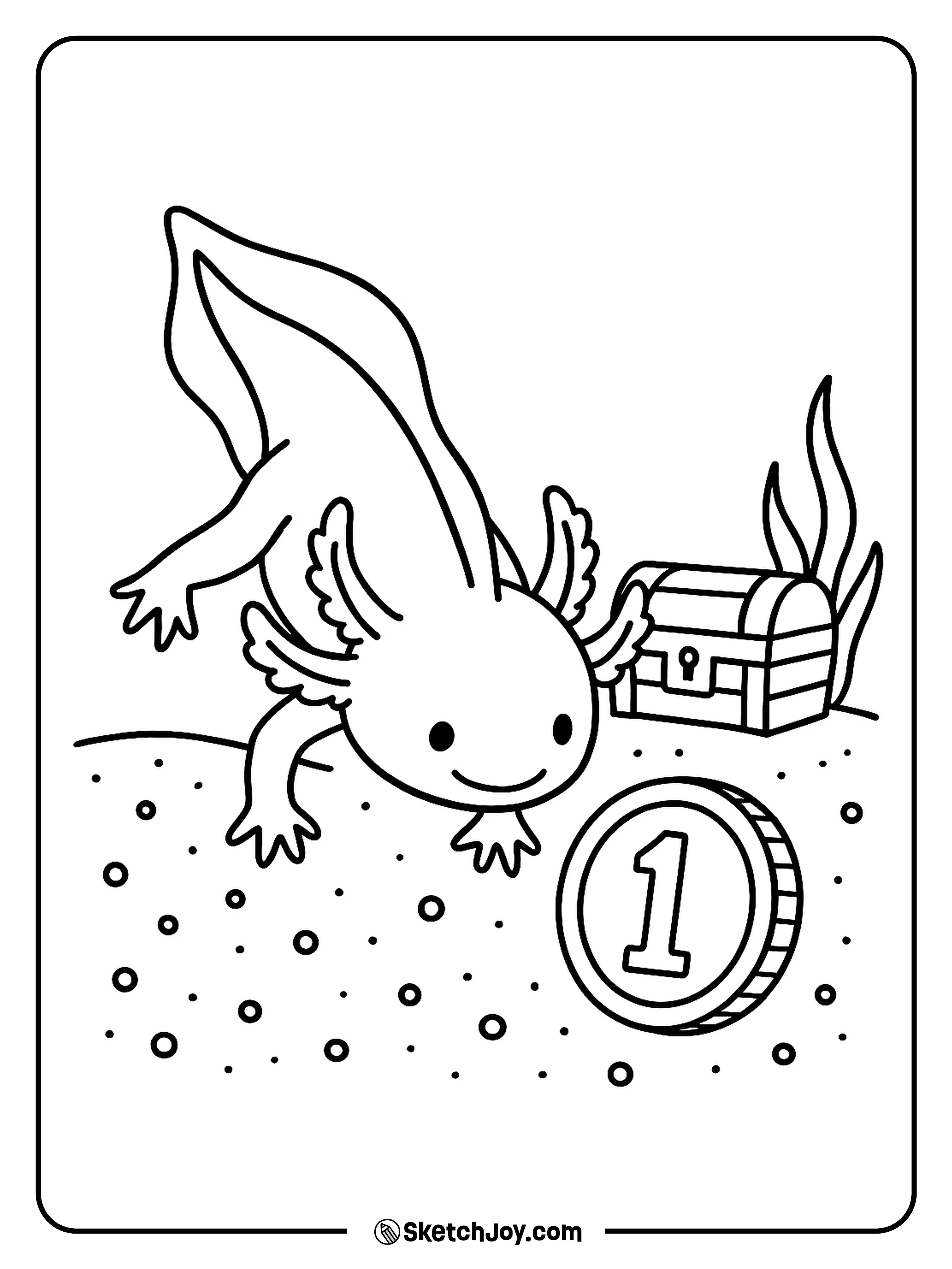 A curious axolotl finds one big coin near a tiny chest.