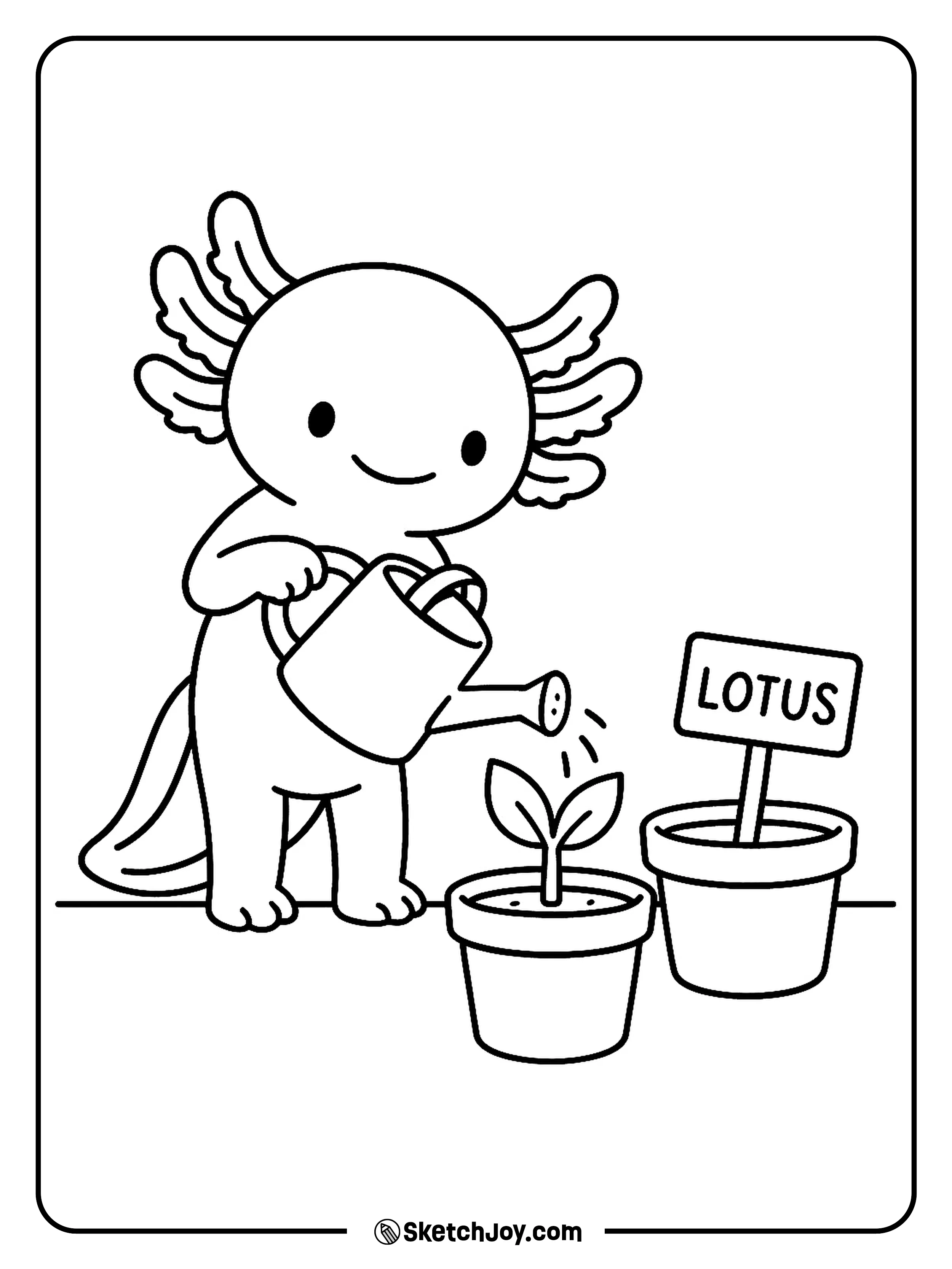A tidy axolotl waters a small potted lotus sprout.