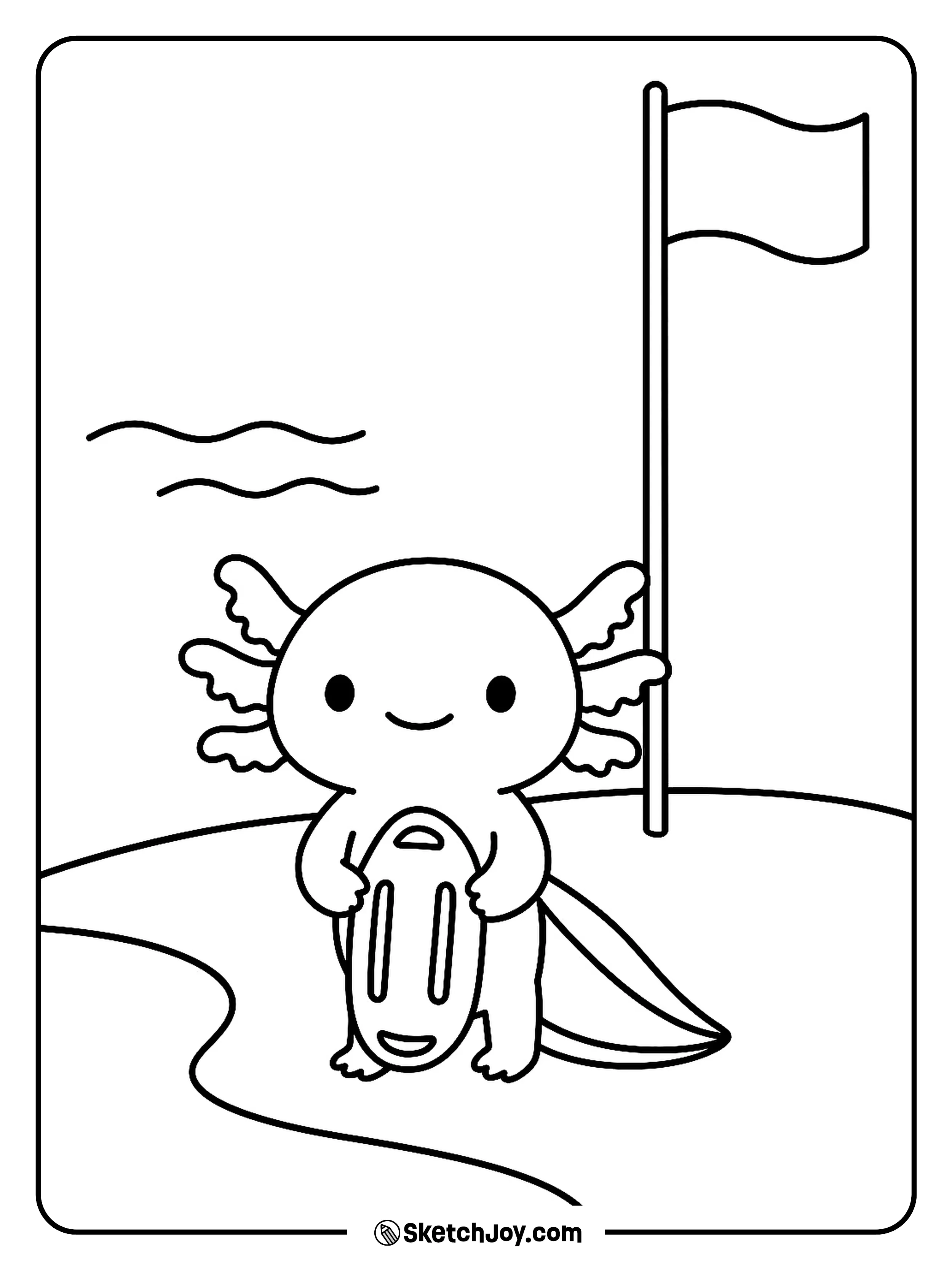 A brave axolotl holds a rescue float near calm waves.