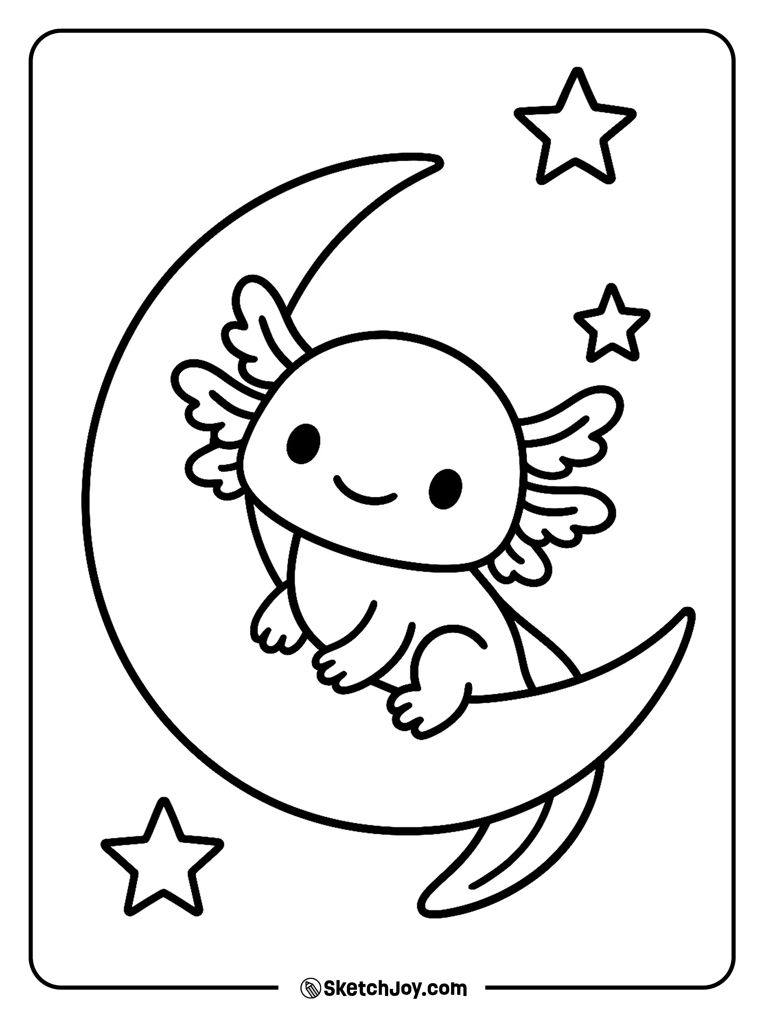 A tiny axolotl sits on a crescent moon, very clean scene.