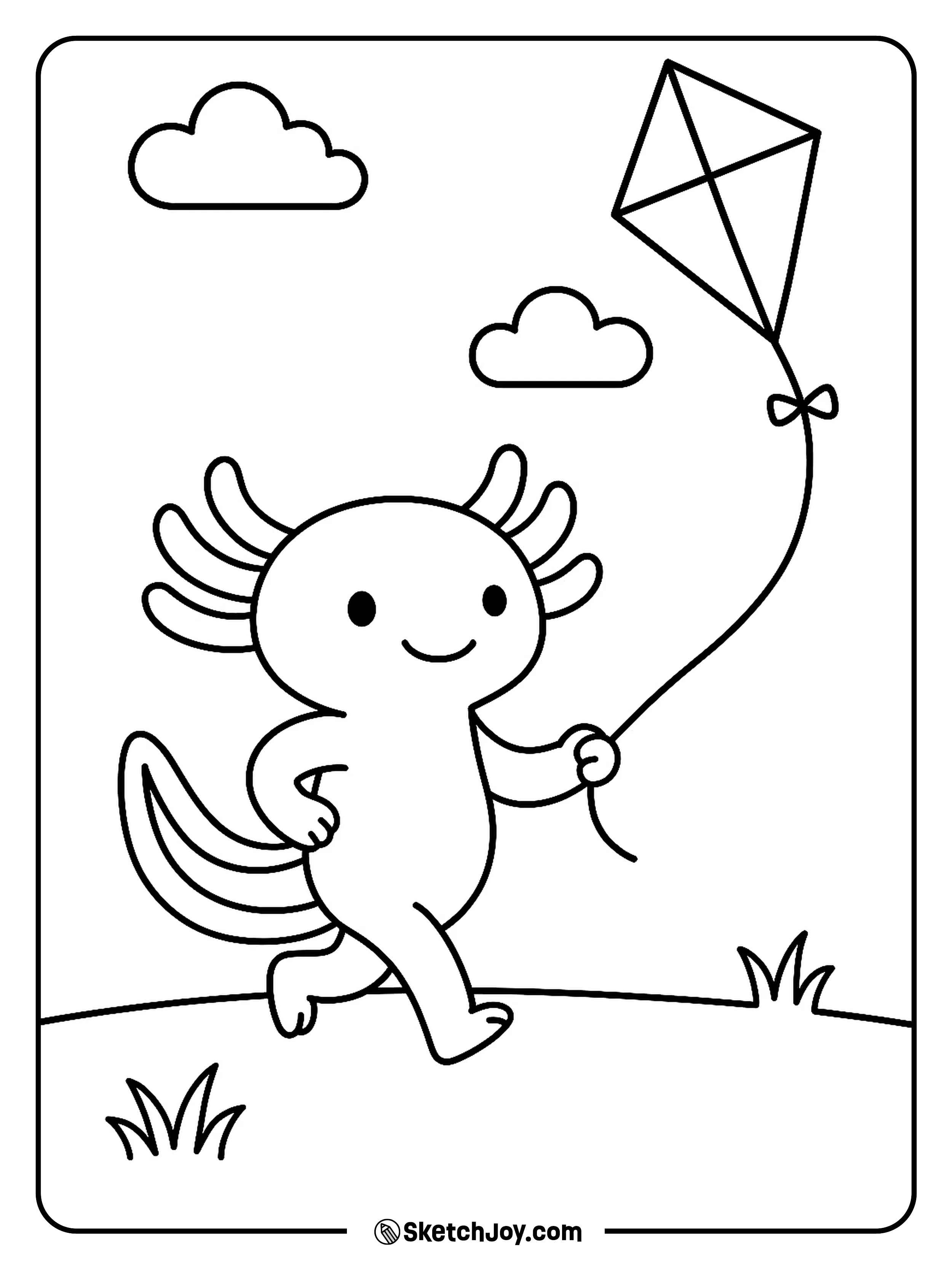 A playful axolotl runs with a simple diamond kite.