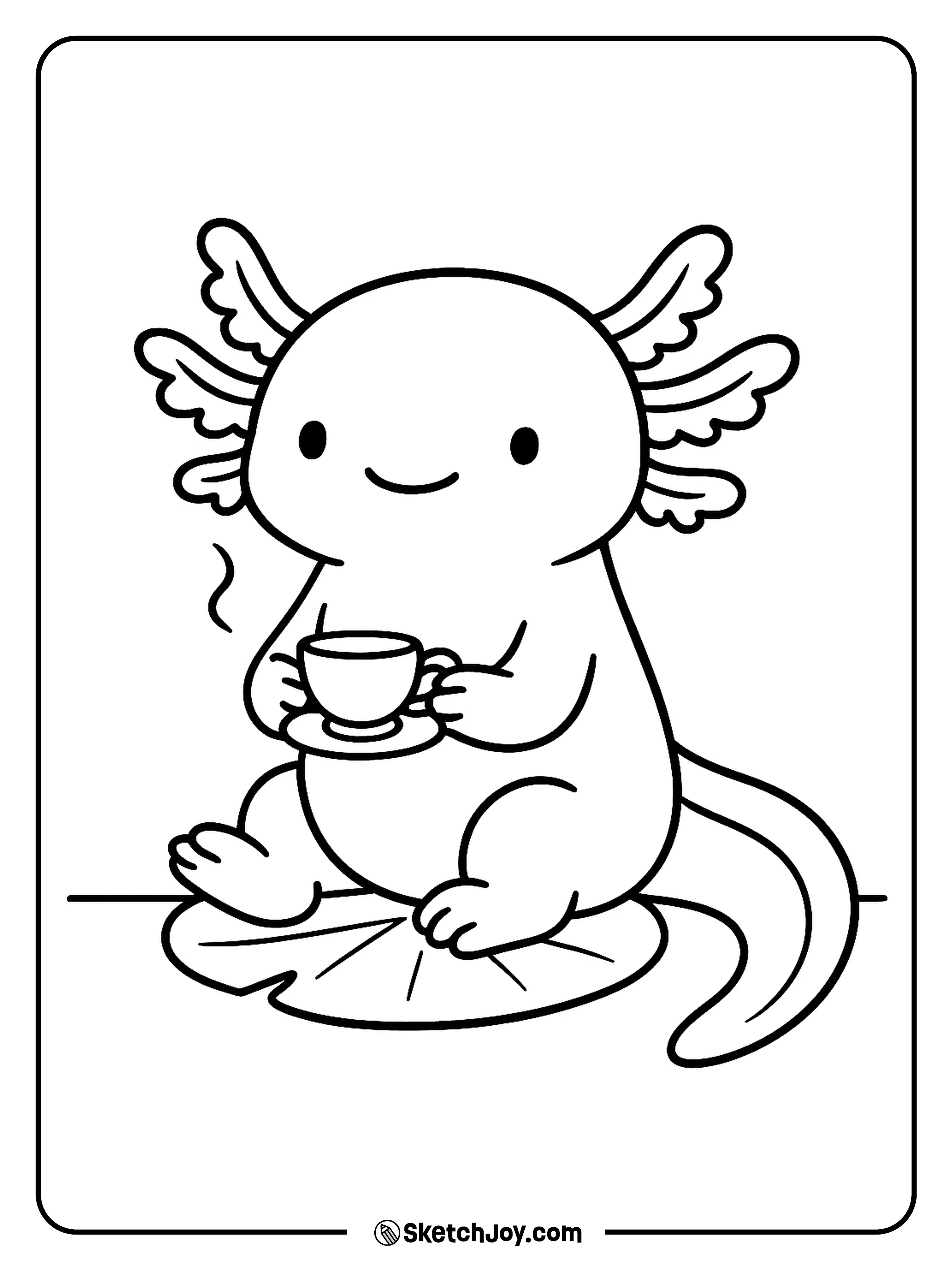 A gentle axolotl sits with a warm cup and steam curl.