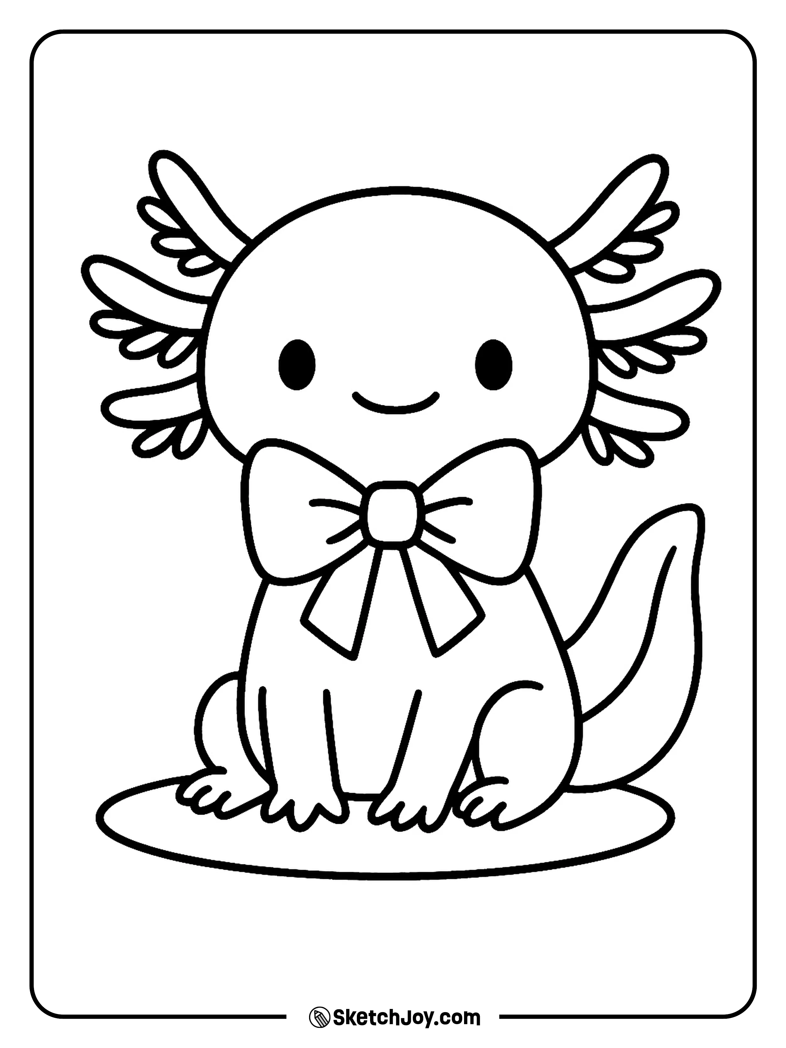 An axolotl sits with a large neck bow, plain backdrop.