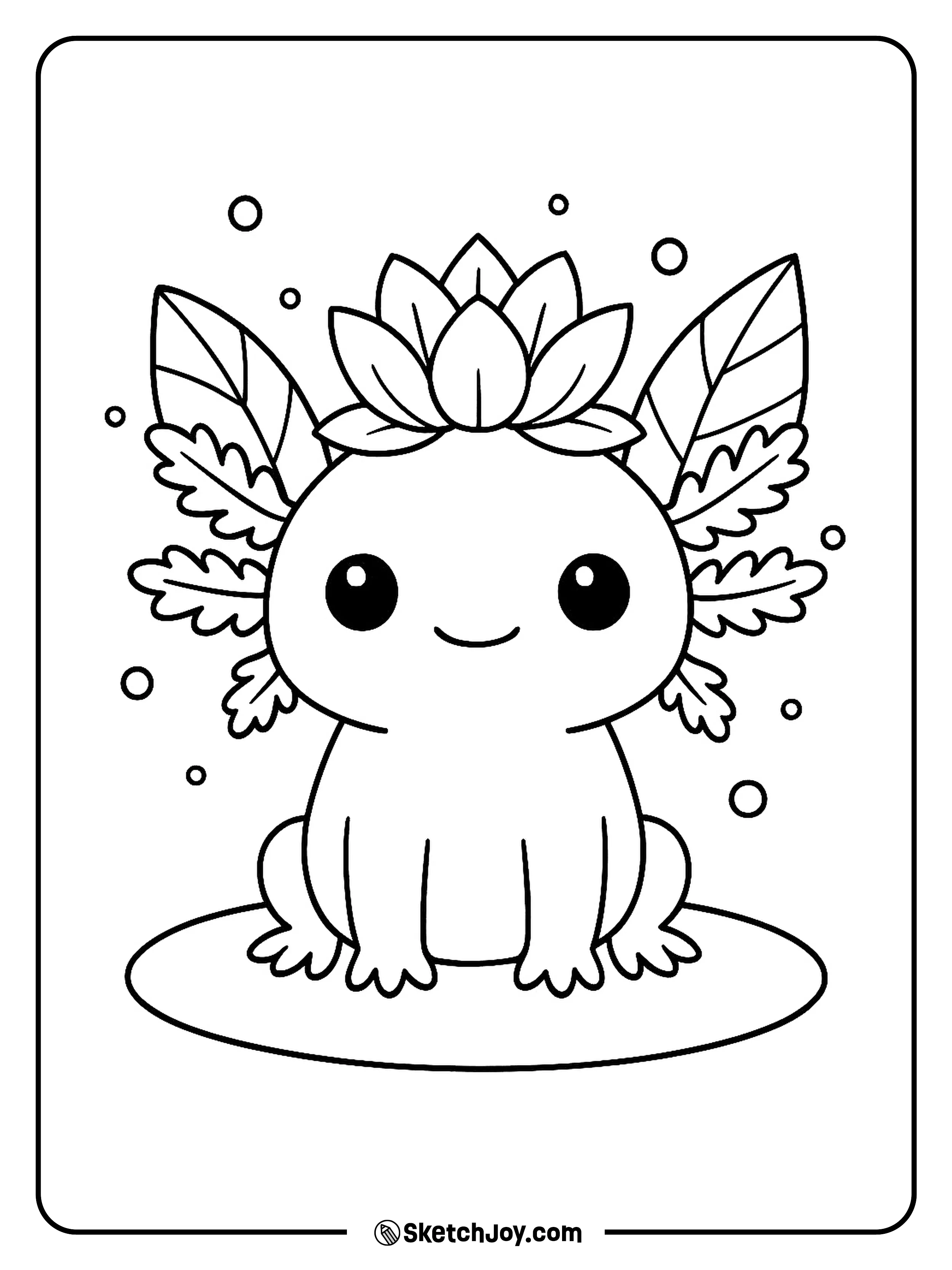 A cheerful axolotl wears a lotus flower as a crown.