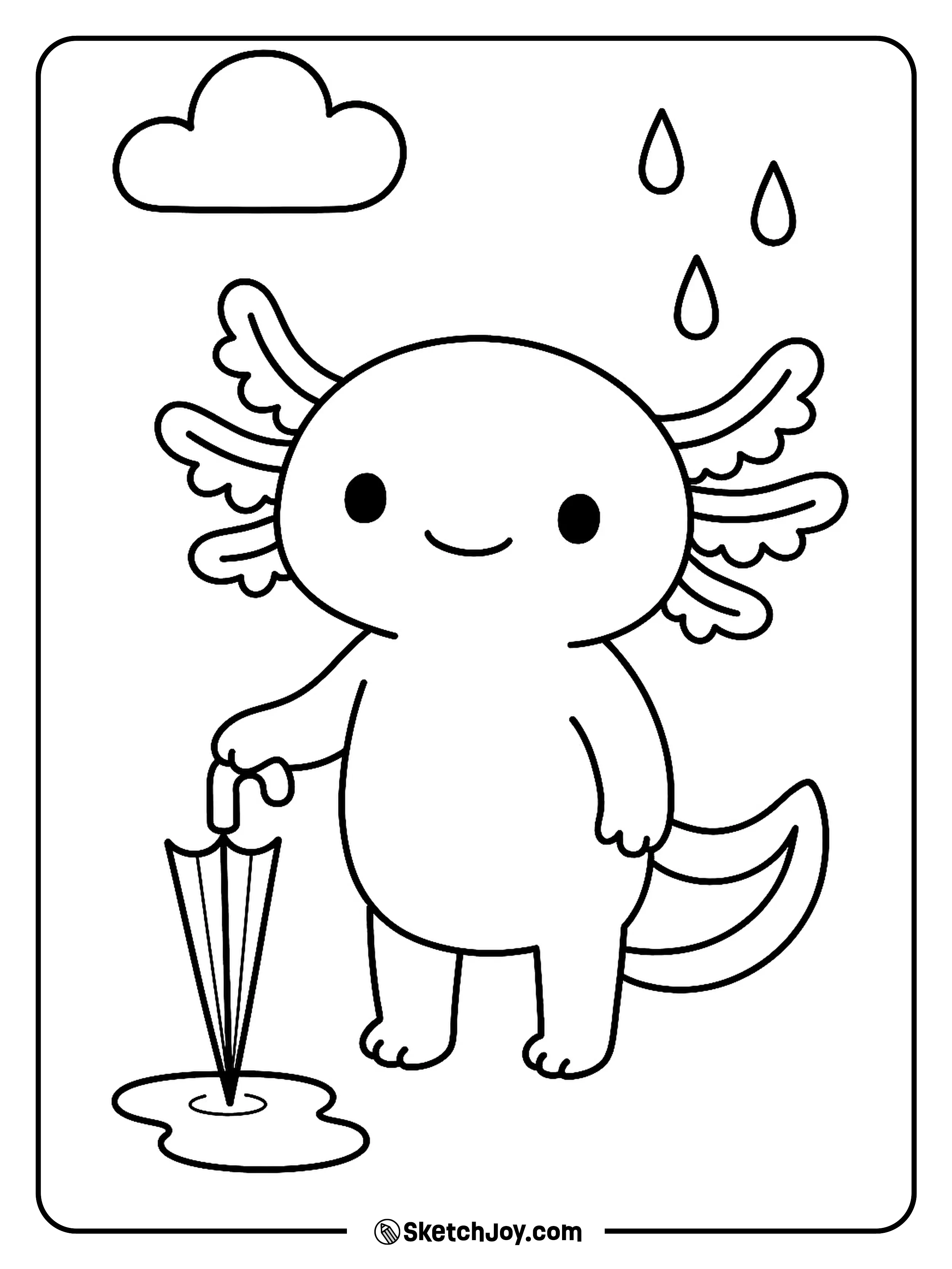 A smiling axolotl holds a closed umbrella by a puddle.