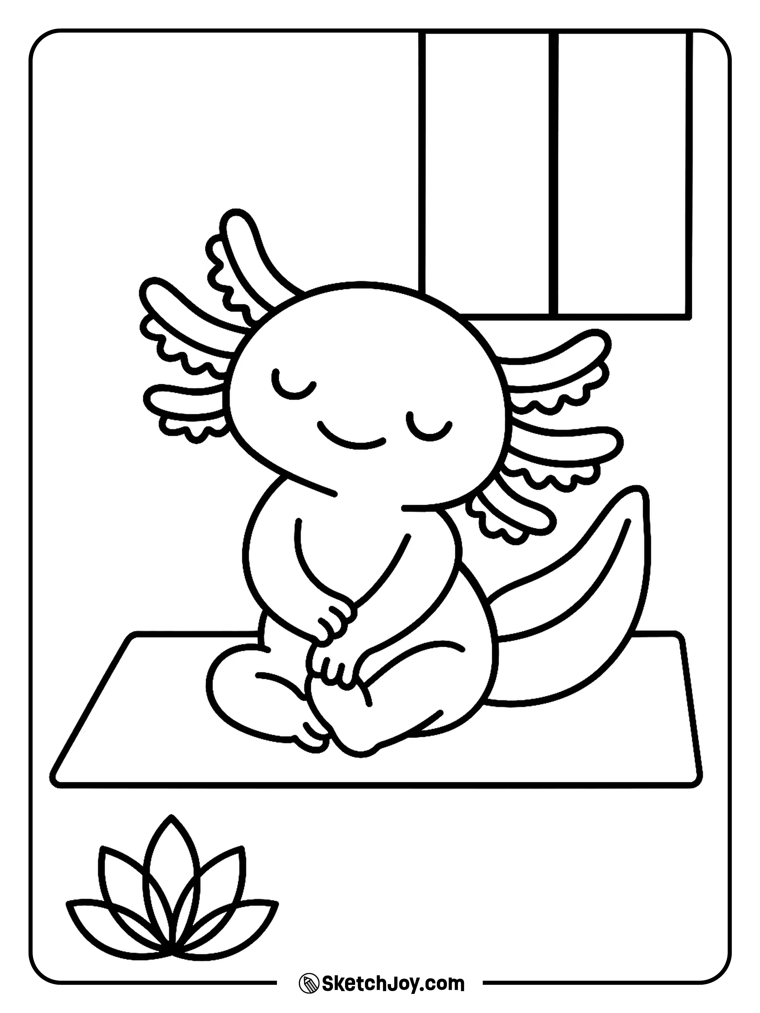 A calm axolotl holds a simple pose on a mat.