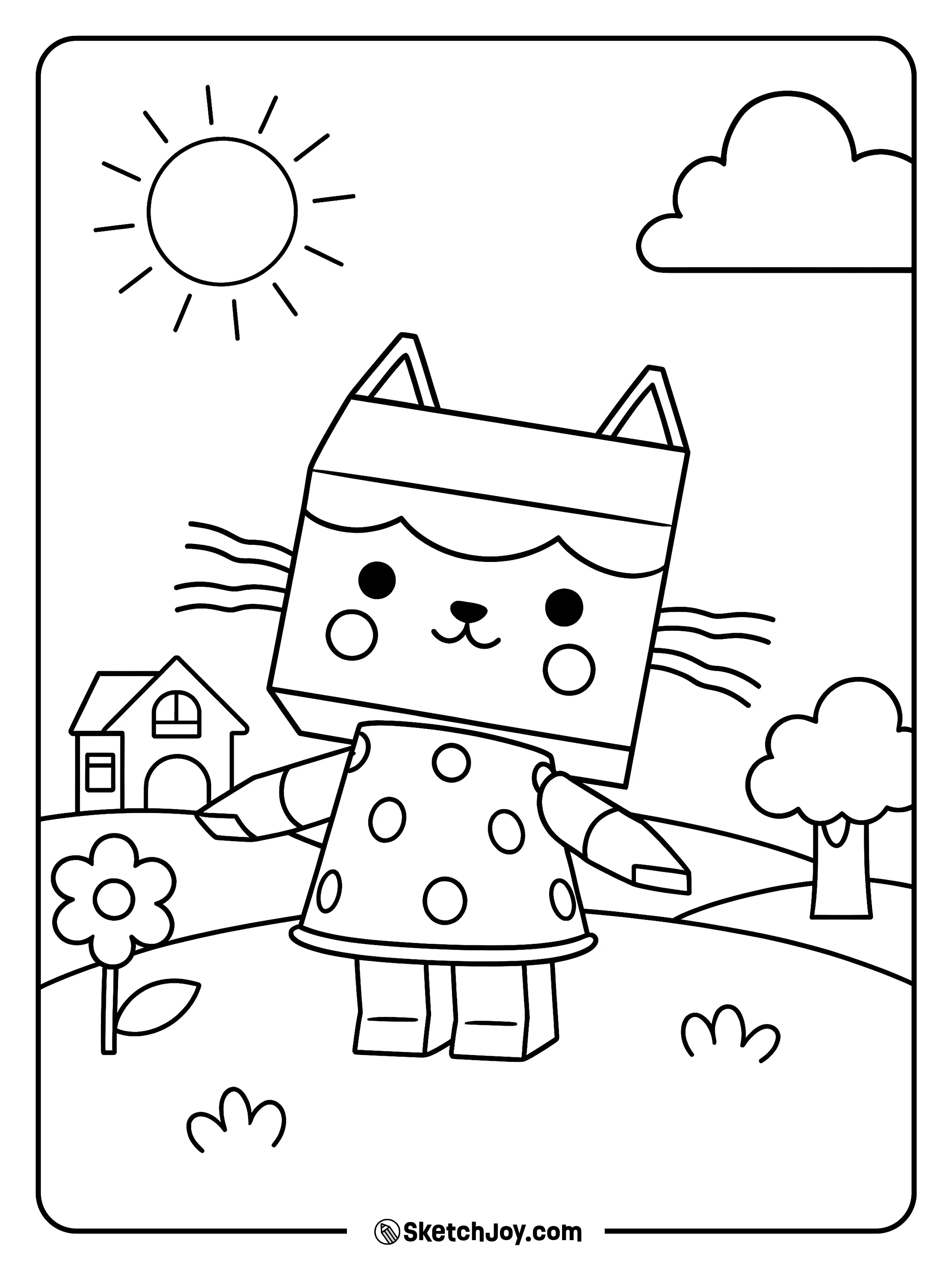 Baby Box smiles on a walk near a little house.