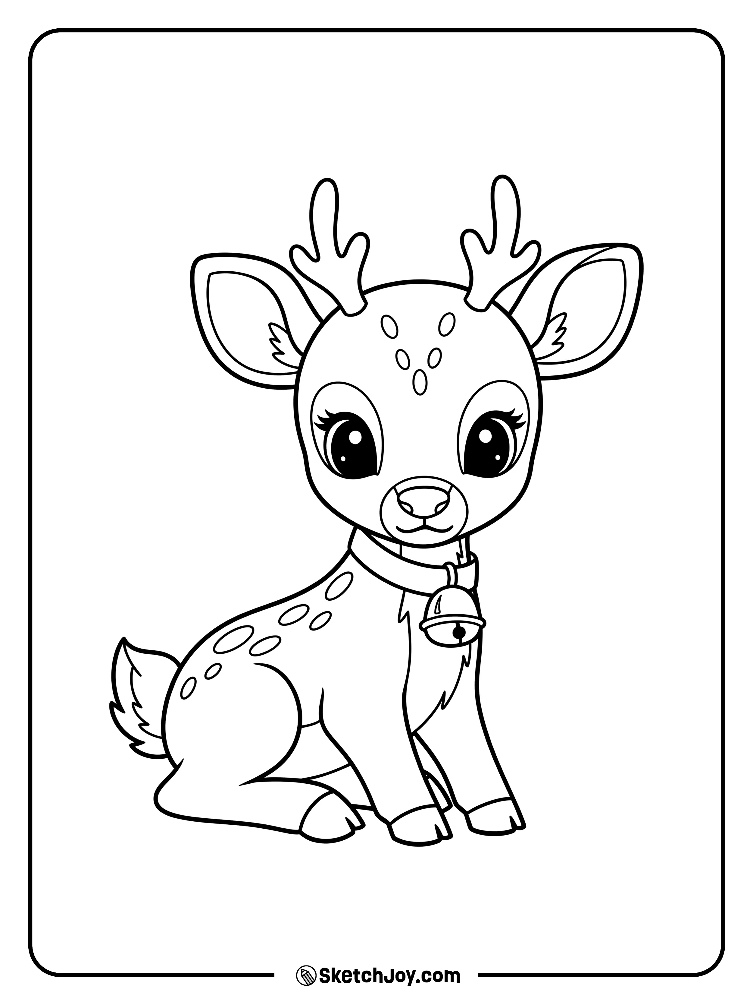 A cute young reindeer sits with a bell collar.