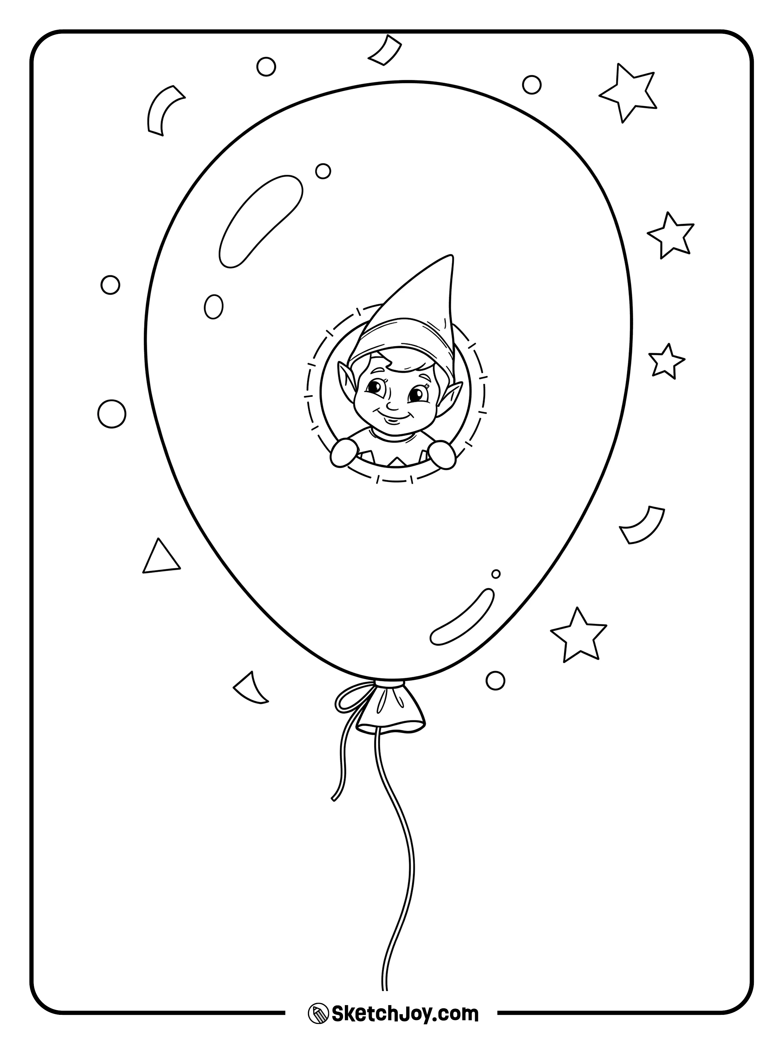 The elf peeks from a giant balloon cutout.