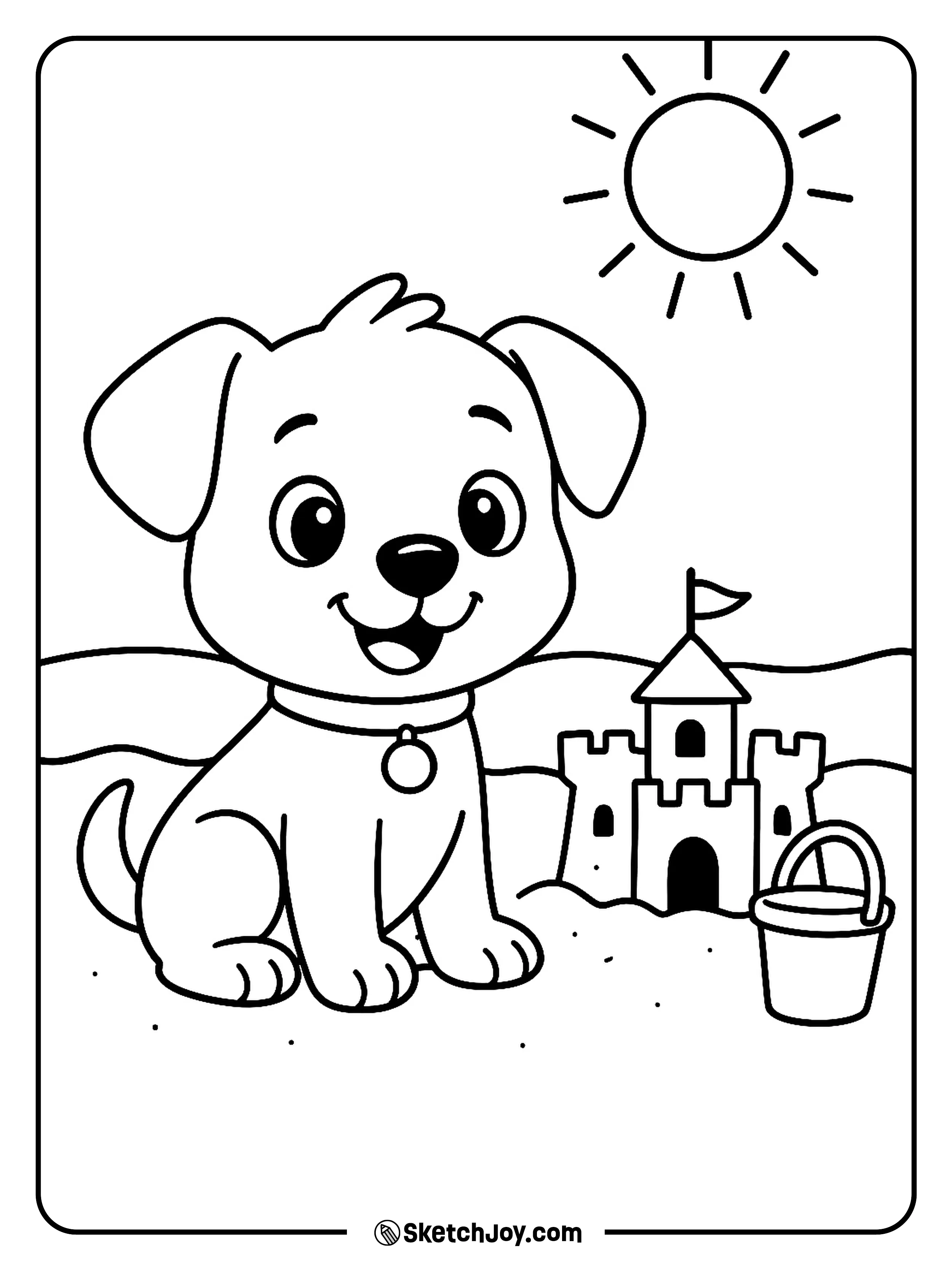 A playful puppy guards a sandcastle by the sea.