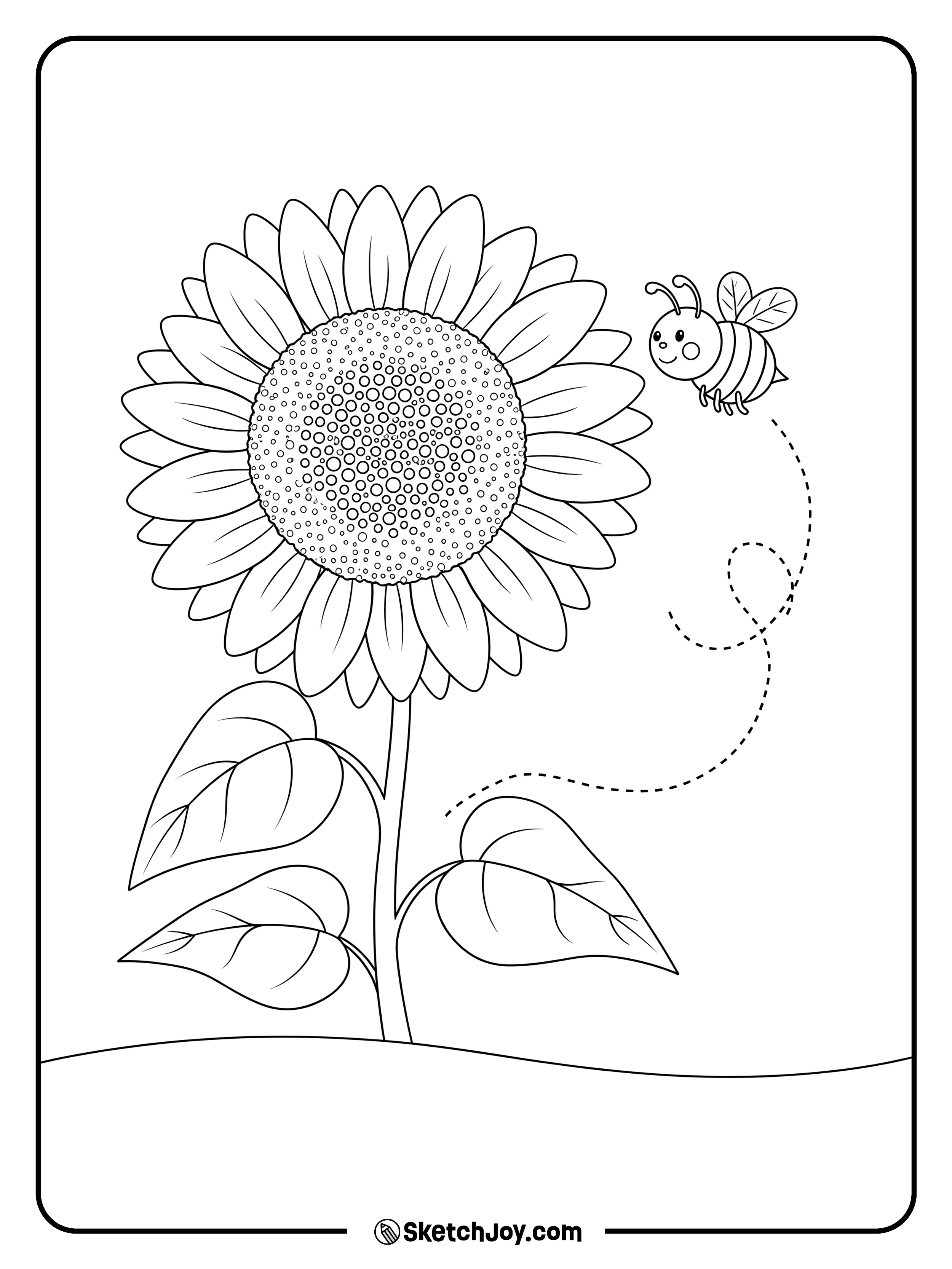 A cute bee hovers near a big sunflower ready to land.