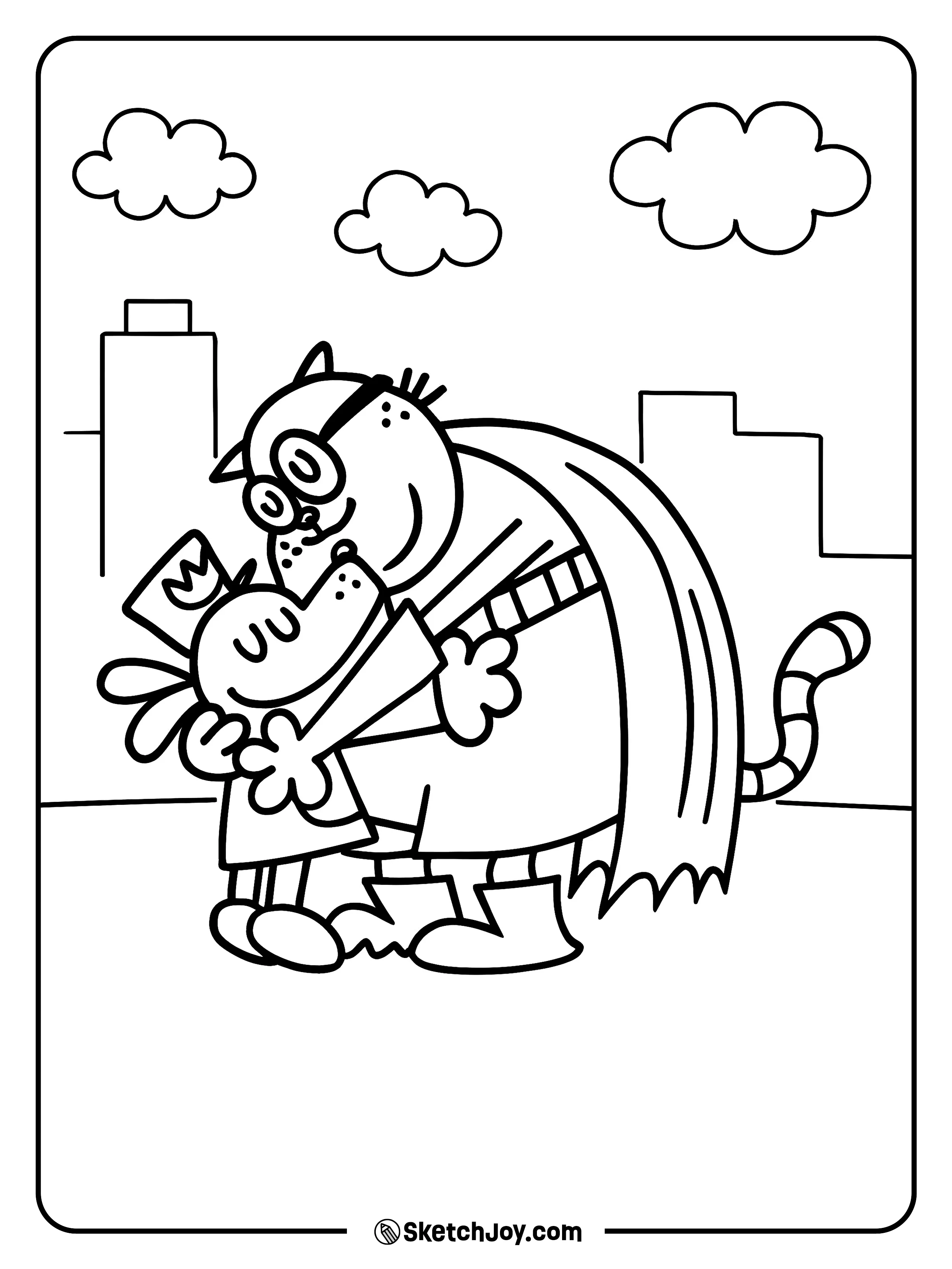 Big Jim wraps Dog Man in a warm hug on a quiet city block.