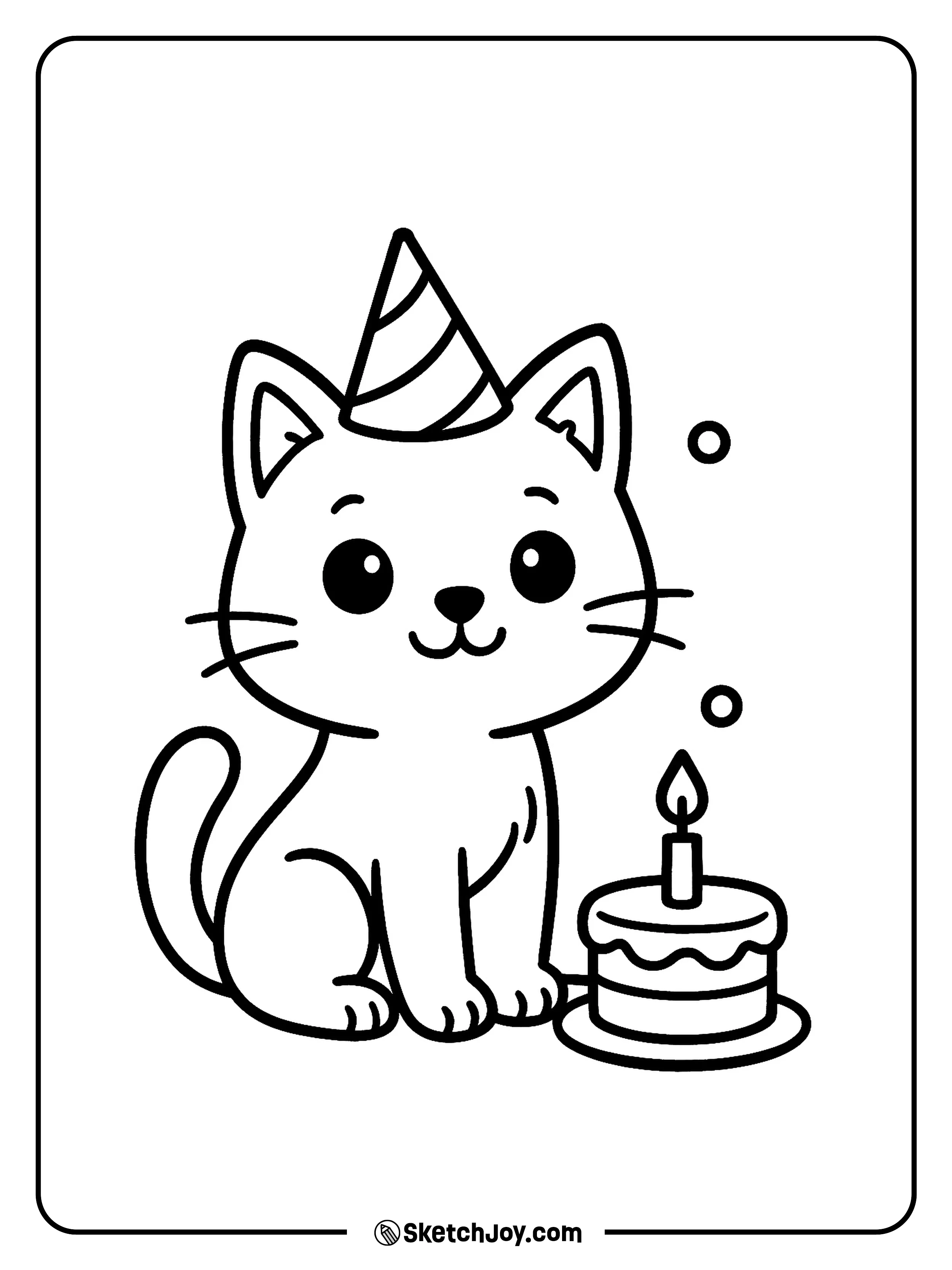 A happy cat wears a party hat and sits by a small cake with one candle.