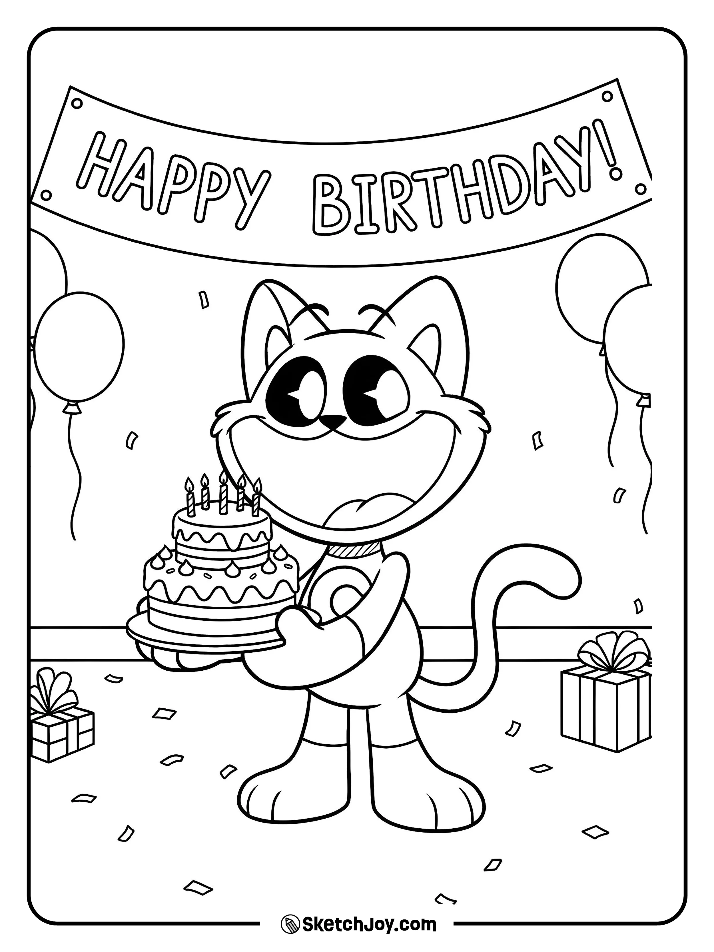 Toy CatNap holds a tall birthday cake under a Happy Birthday banner with balloons around him.