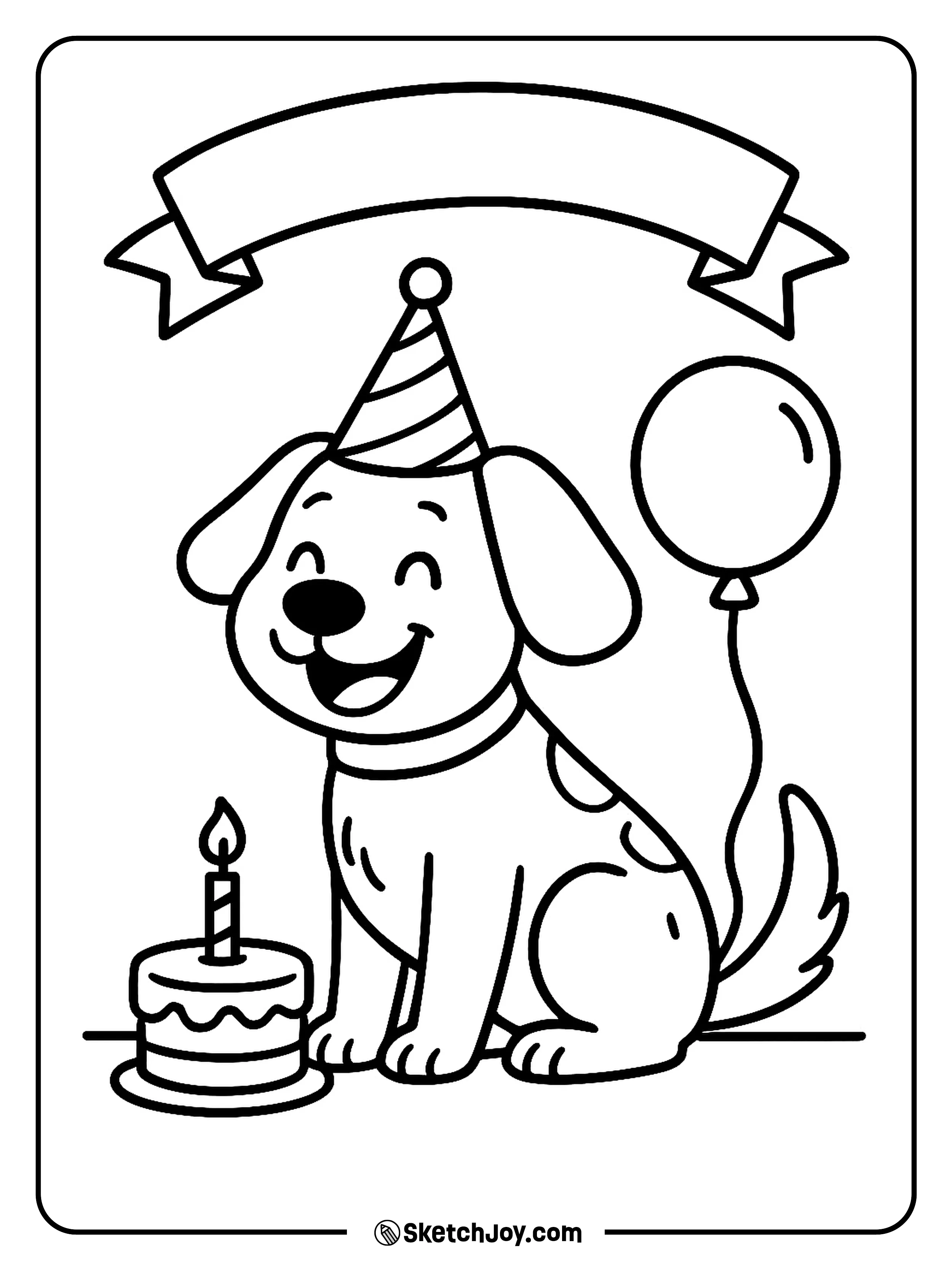 A happy dog celebrates with a cake and balloons.