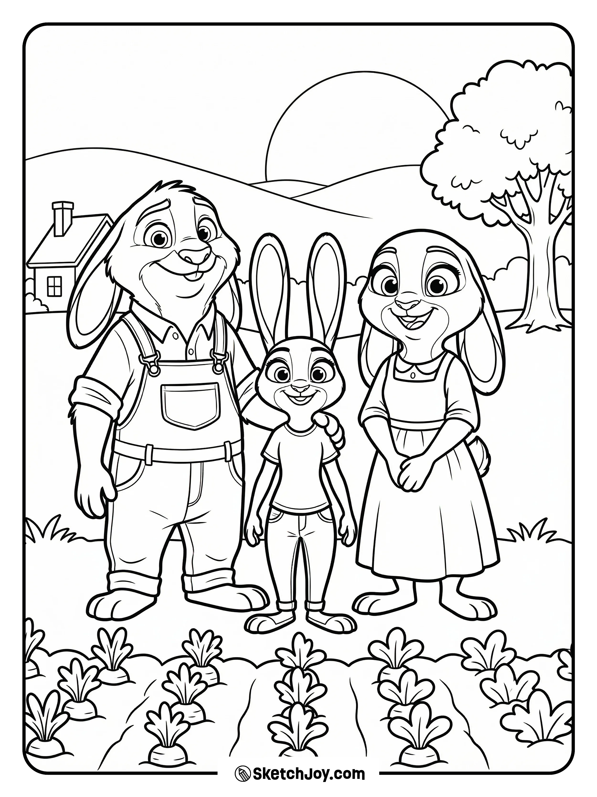Judy visits her farmer parents, smiling as they stand between neat carrot rows.