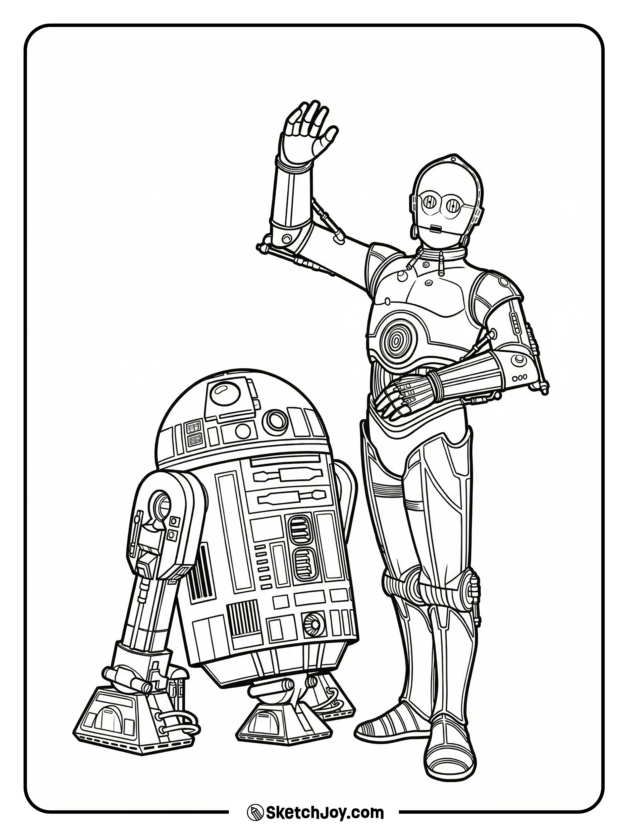 C-3PO lifts a hand while R2-D2 rolls at his side.