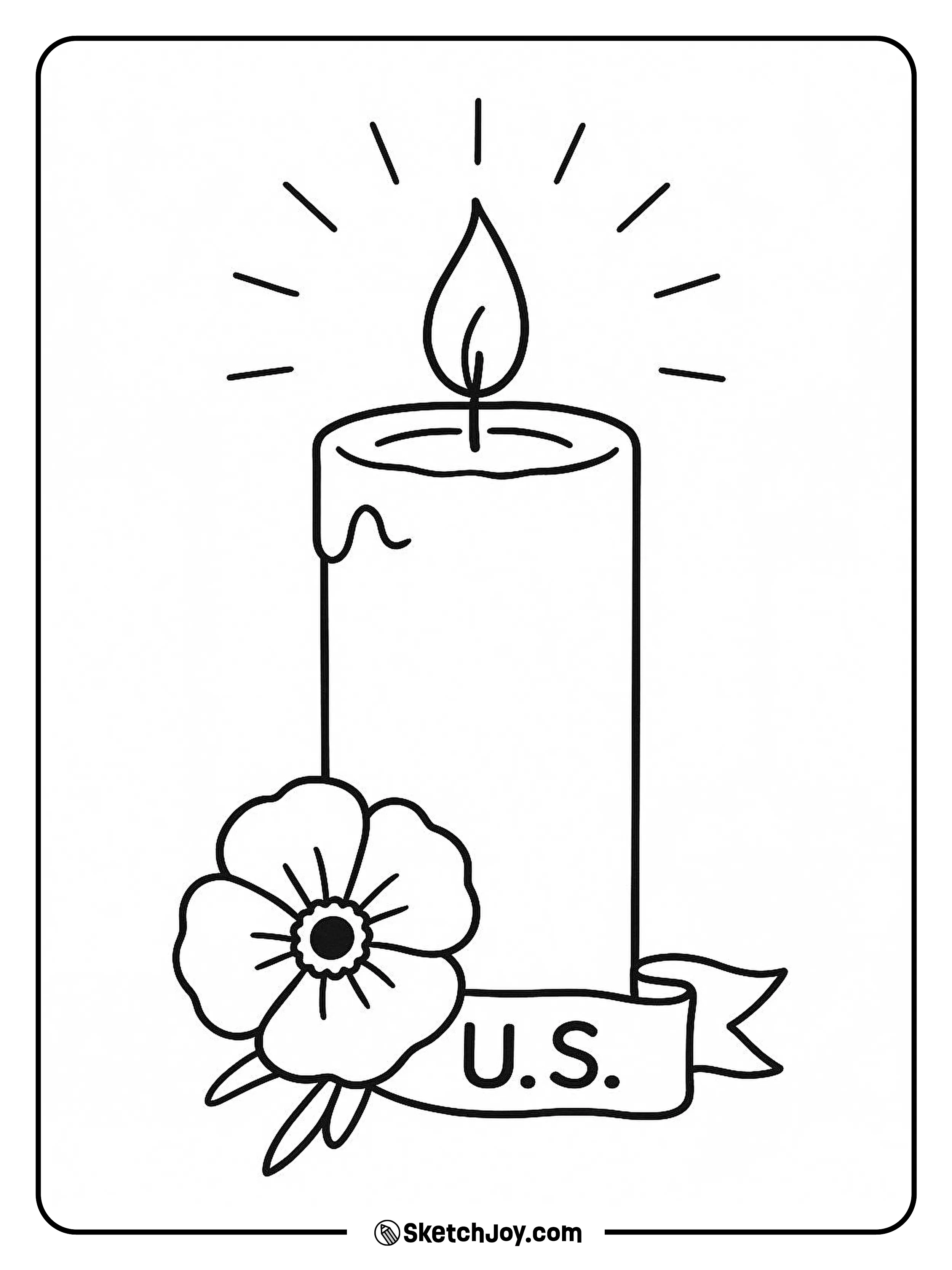 A candle glows near a ribbon and poppy.
