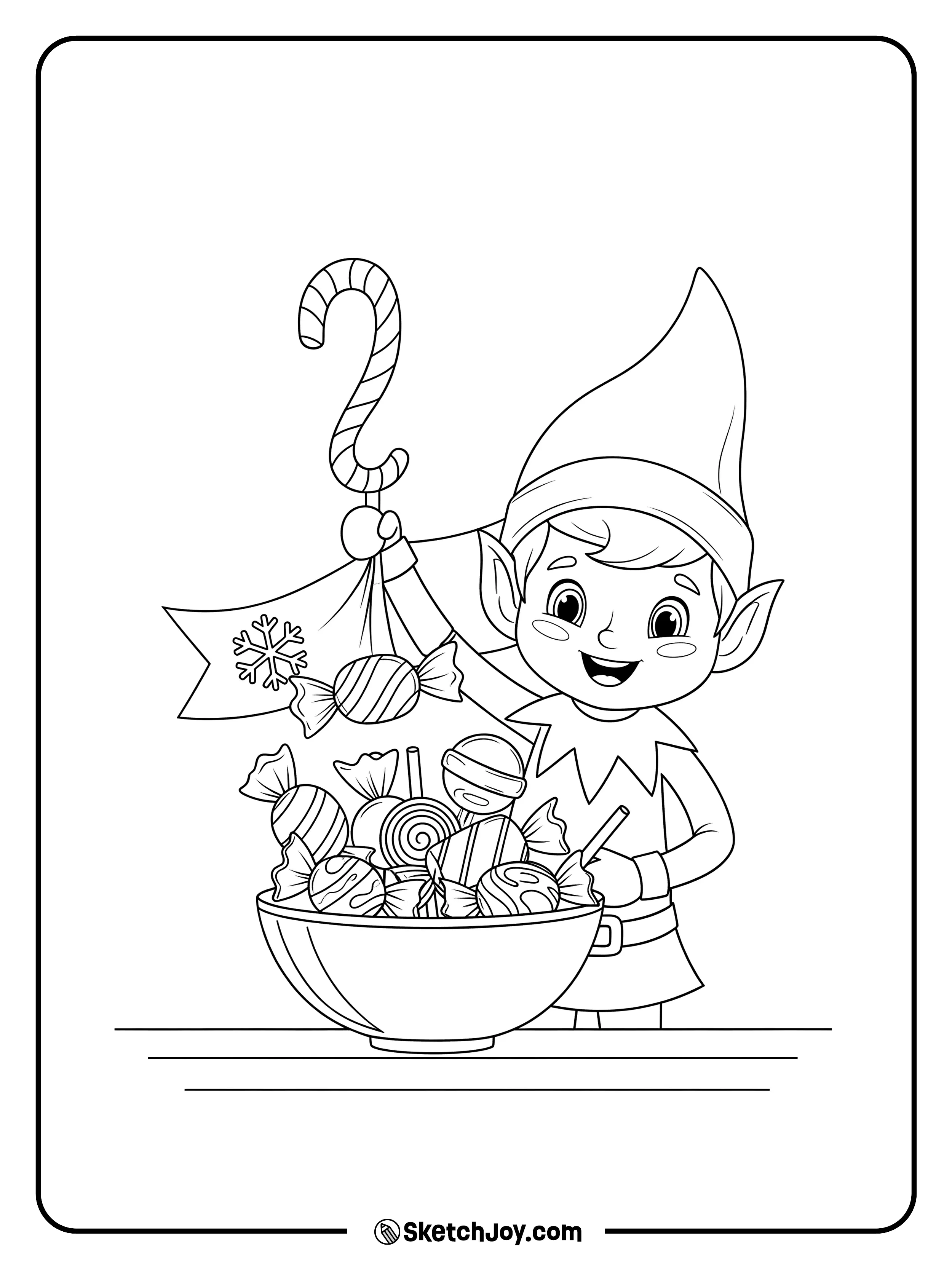 The elf “fishes” for candy in a small bowl.