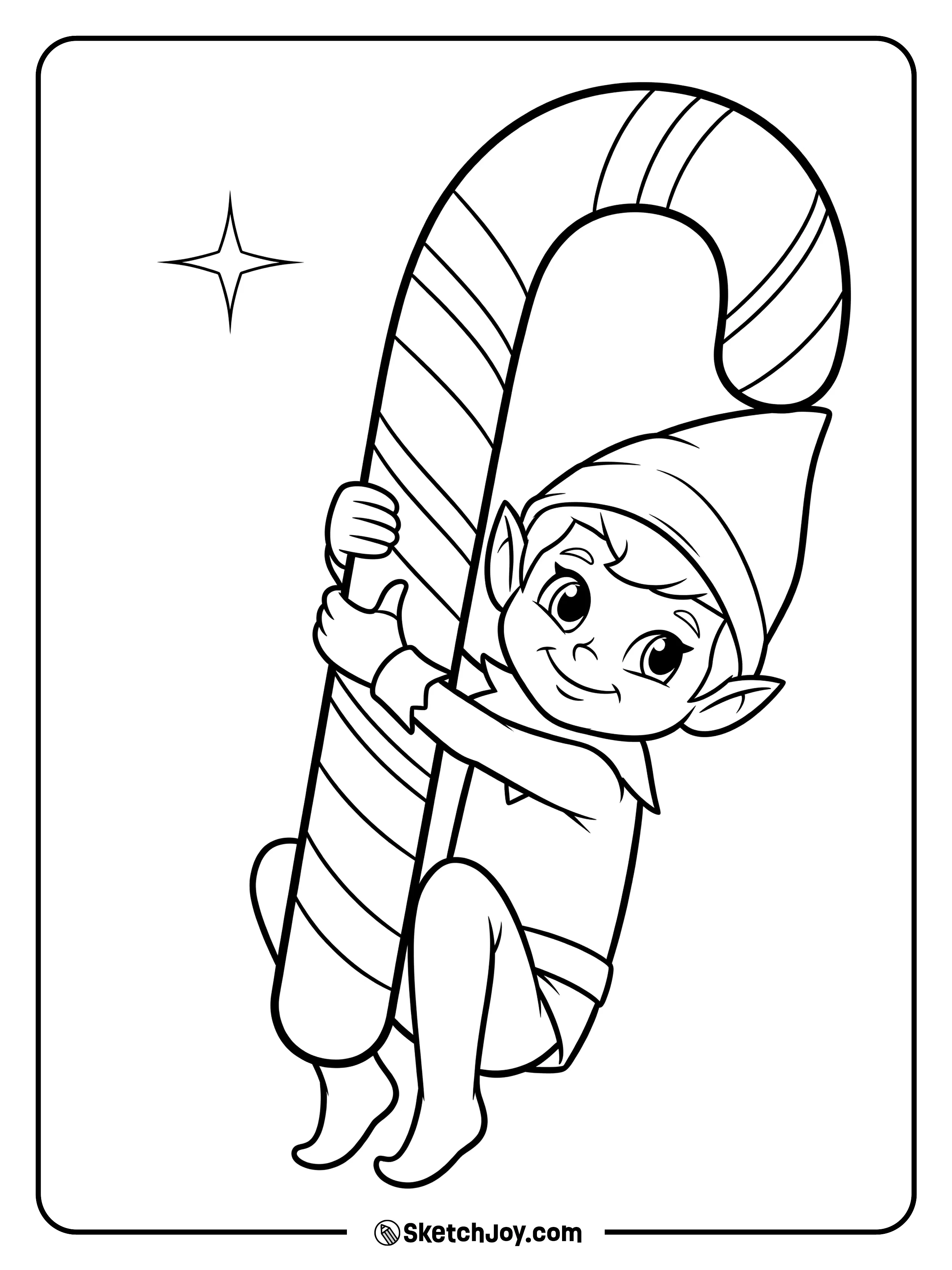 The elf hangs by both hands from a cane.