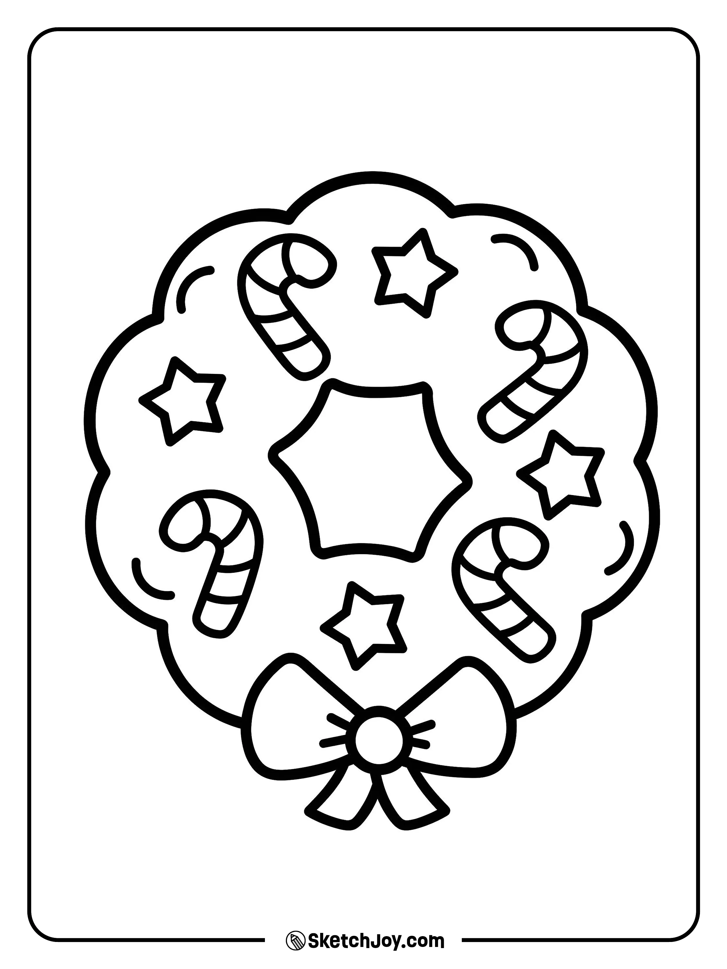 A round wreath shows bows, stars, and candy canes.
