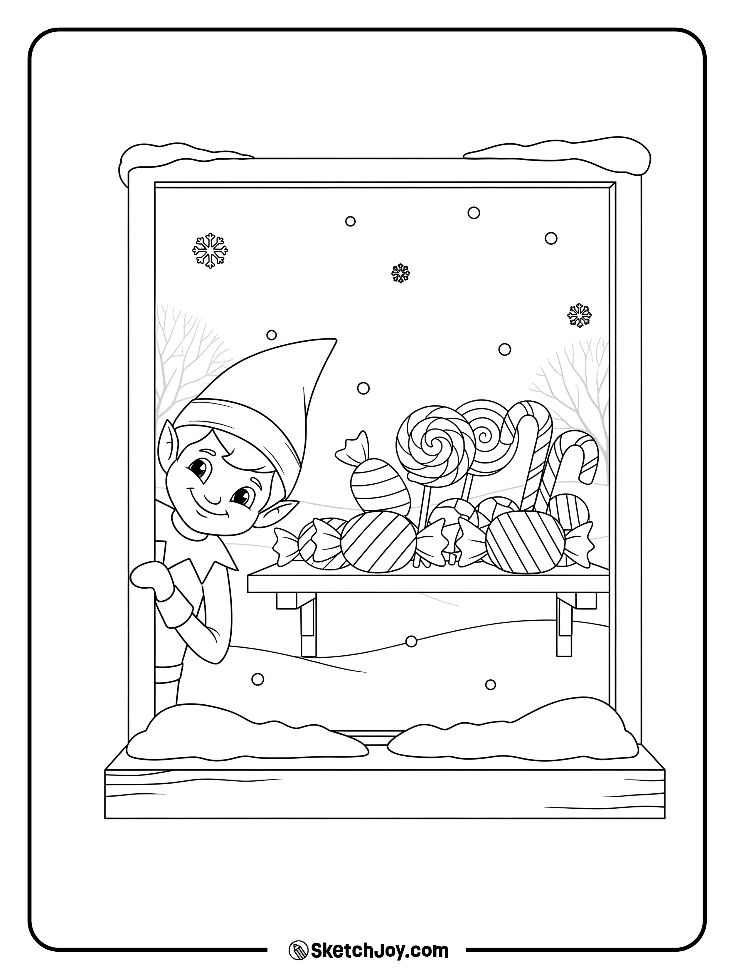 The elf looks into a candy shop window with sweets.