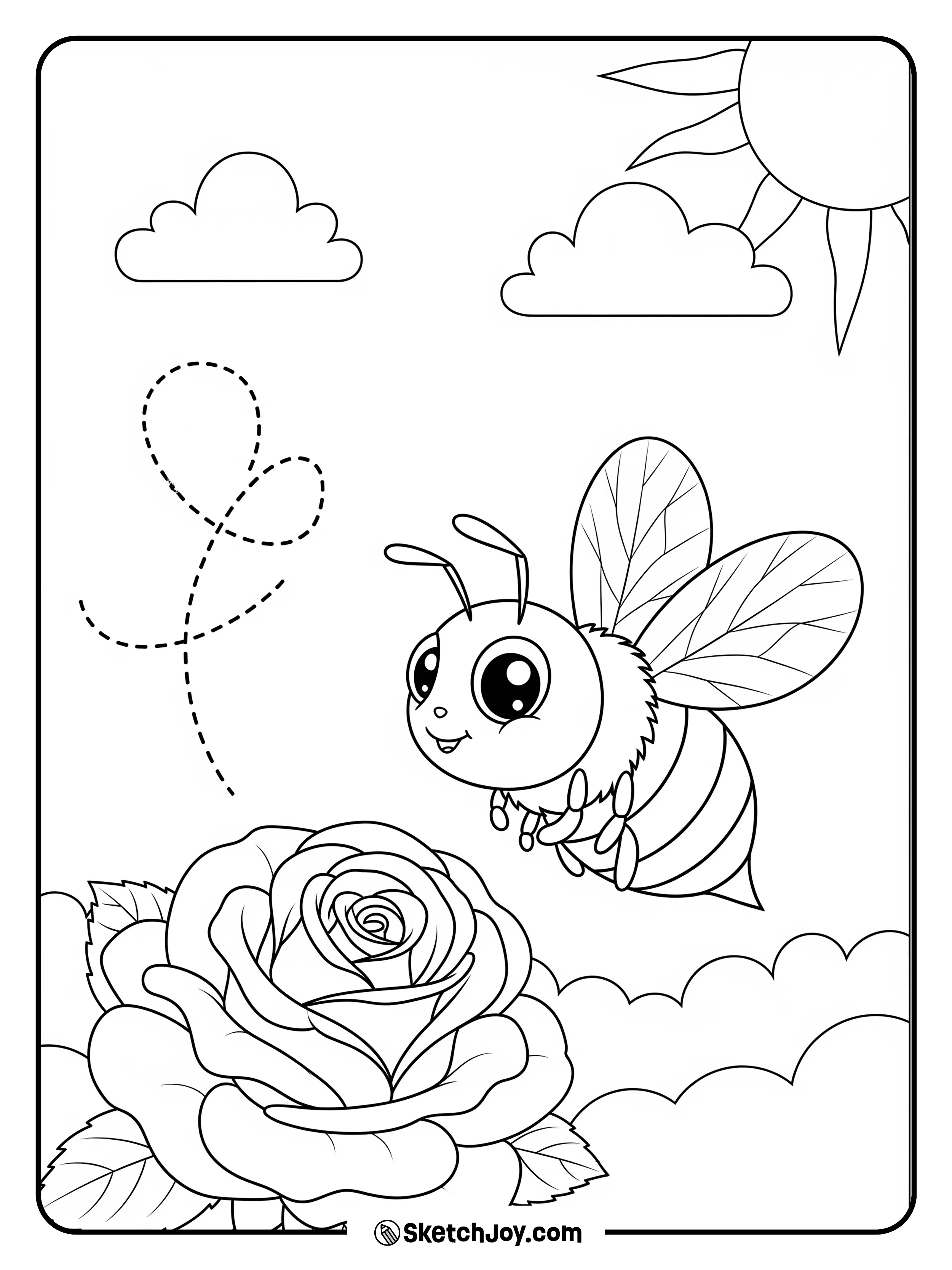 A happy bee visits a sweet rose.